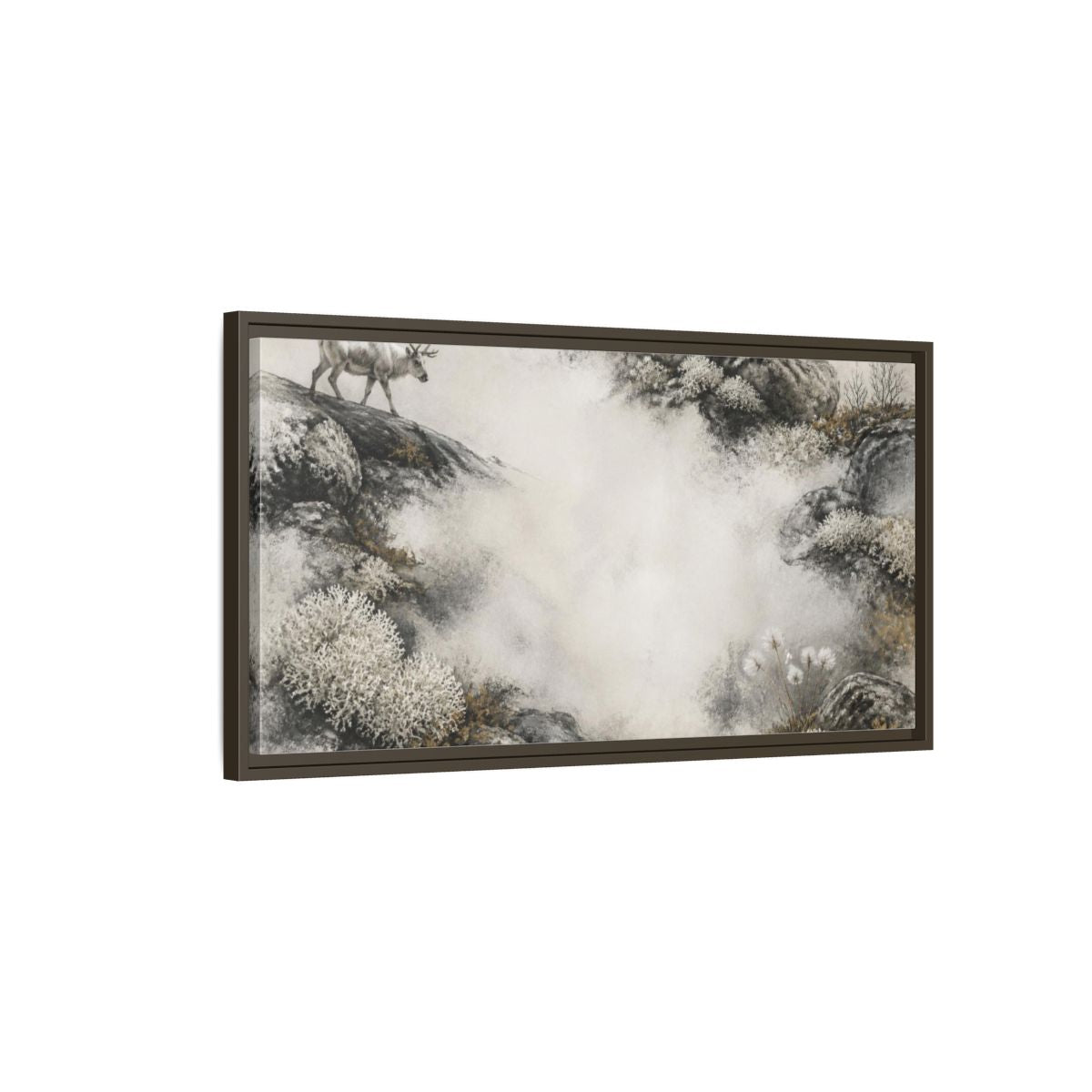 Main Mockup. Nordic Reindeer Study shown as framed canvas print