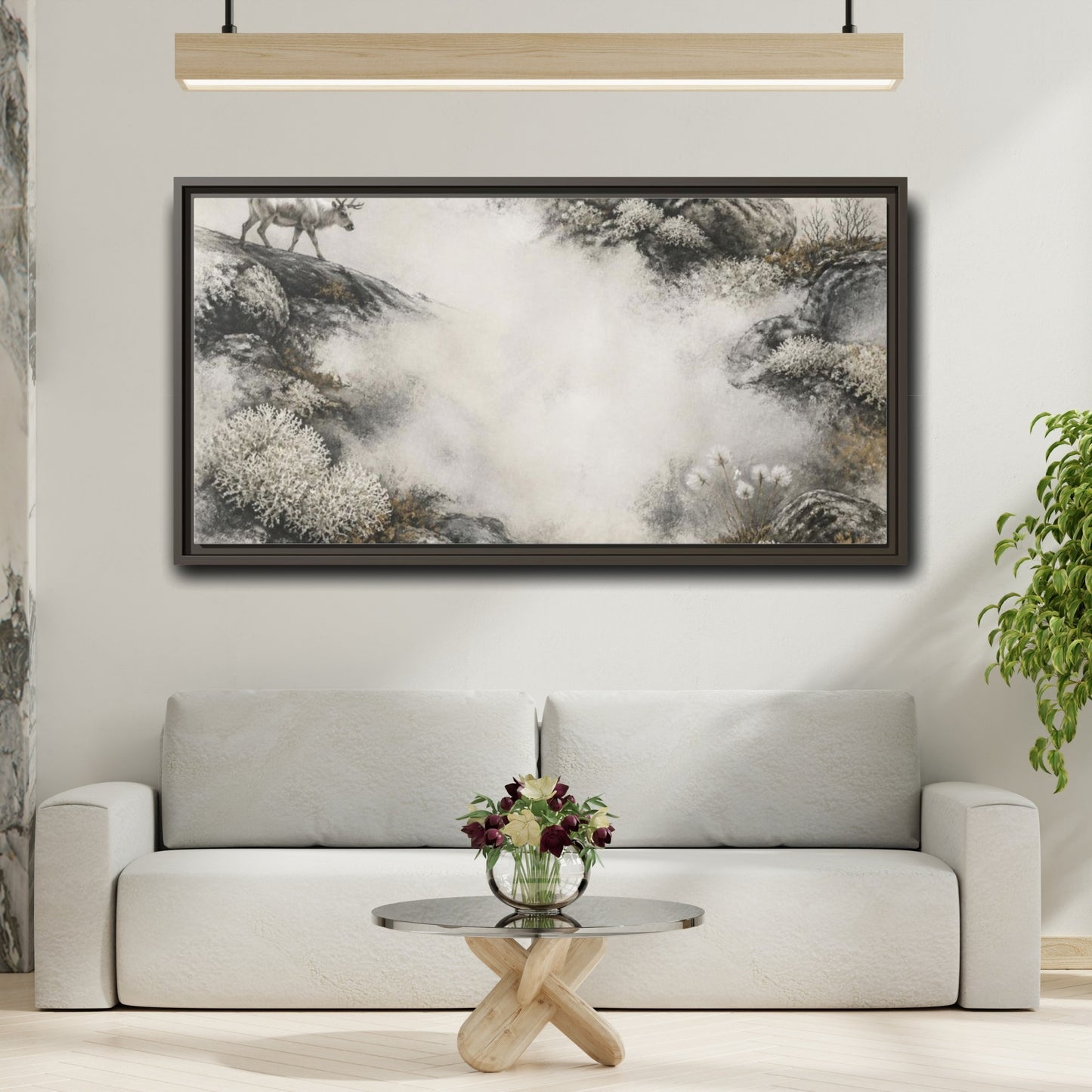 Mockup 2. Nordic Reindeer Study shown as framed canvas print