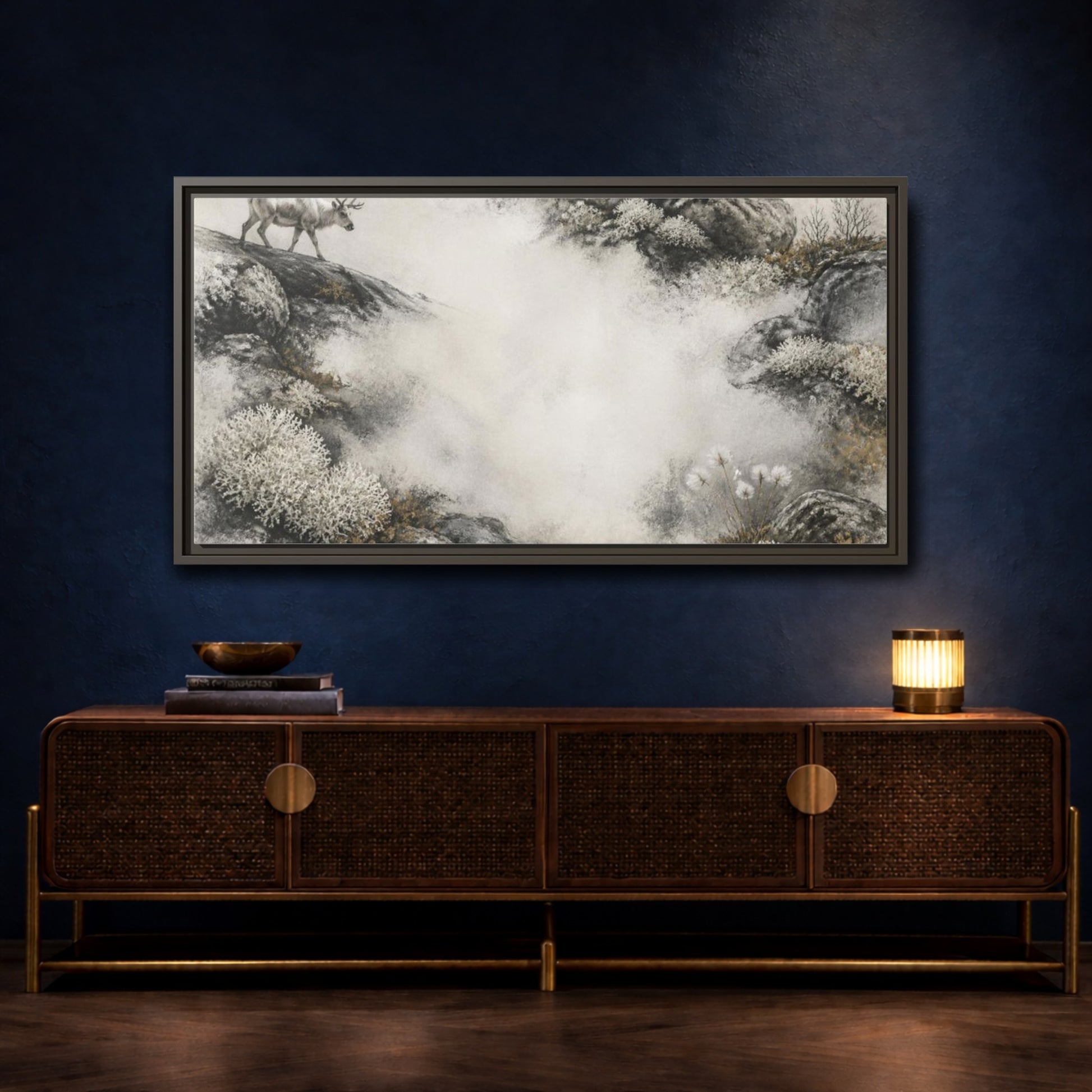 Mockup 4. Nordic Reindeer Study shown as framed canvas print