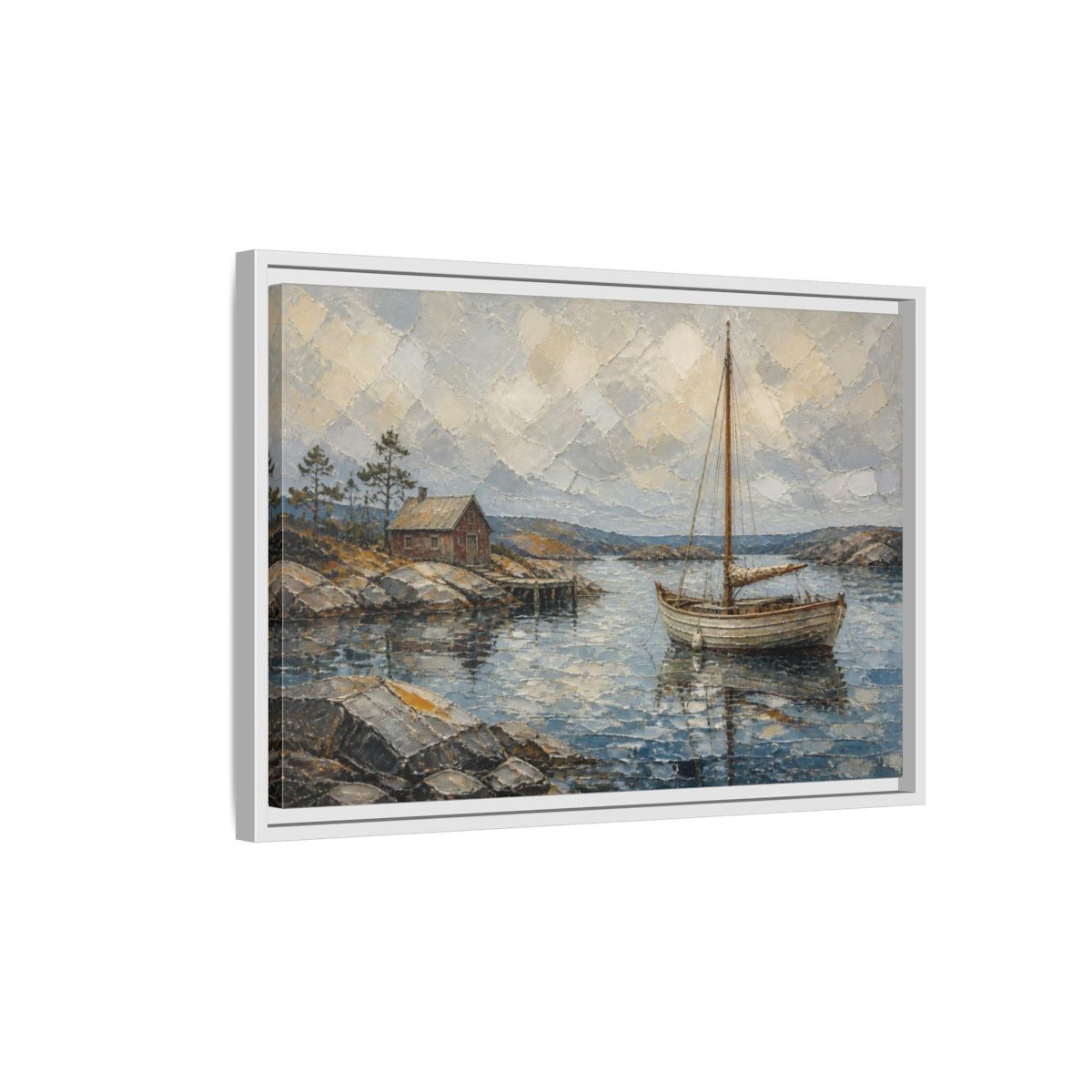 Side Mockup 1. Nordic Sailboat Inlet shown as framed canvas print