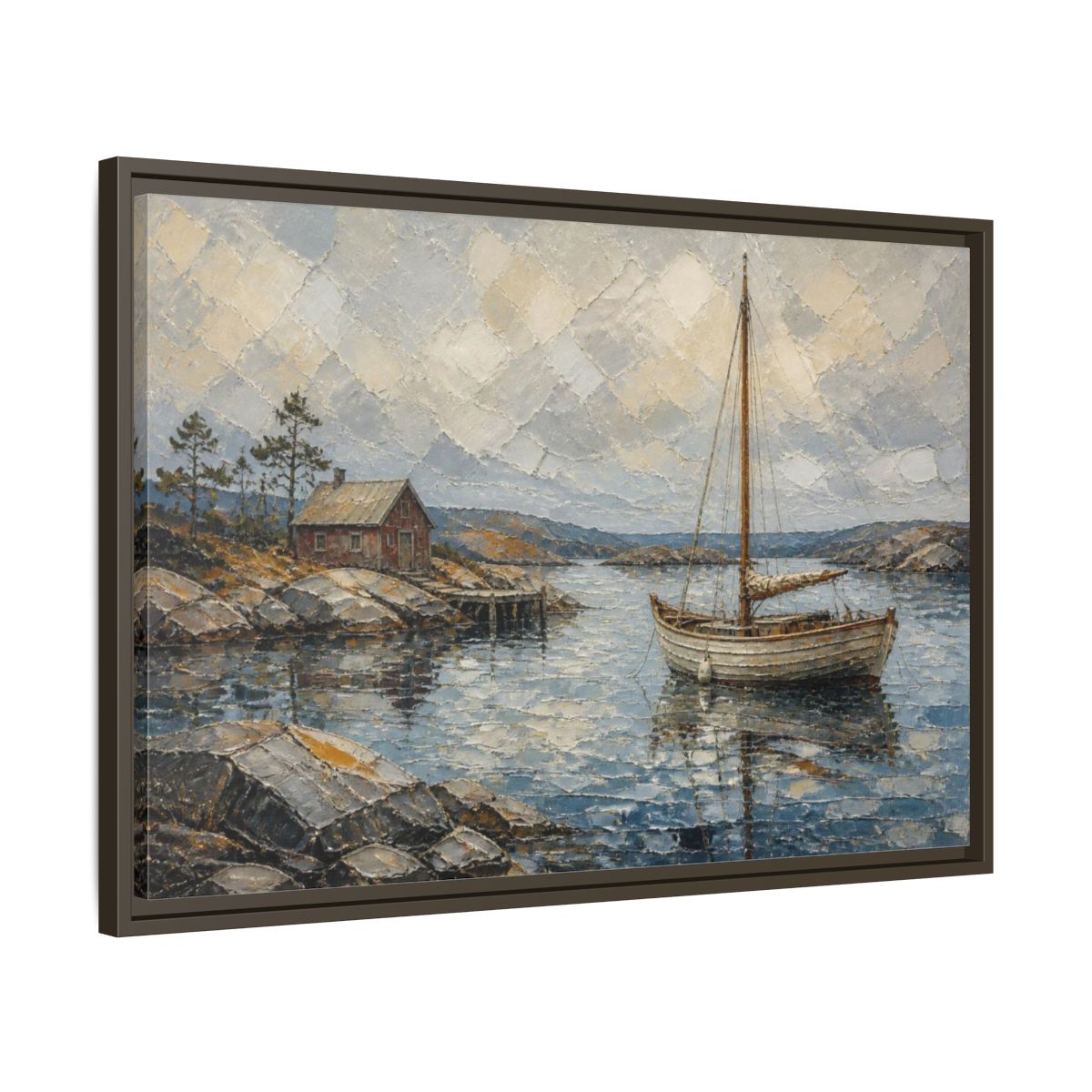 Side Mockup 11. Nordic Sailboat Inlet shown as framed canvas print