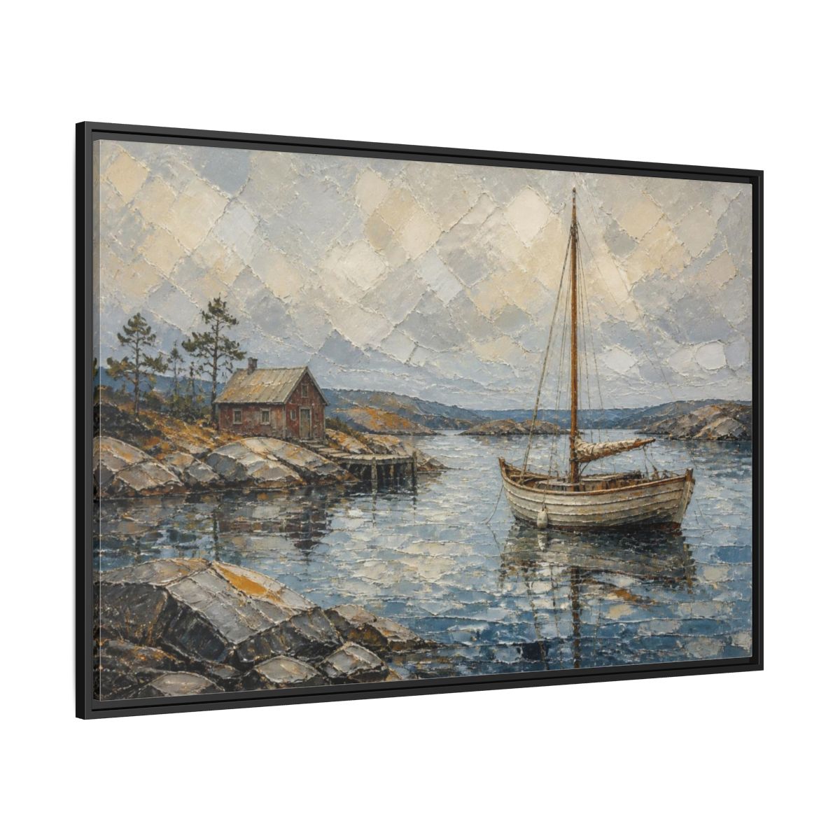 Side Mockup 12. Nordic Sailboat Inlet shown as framed canvas print