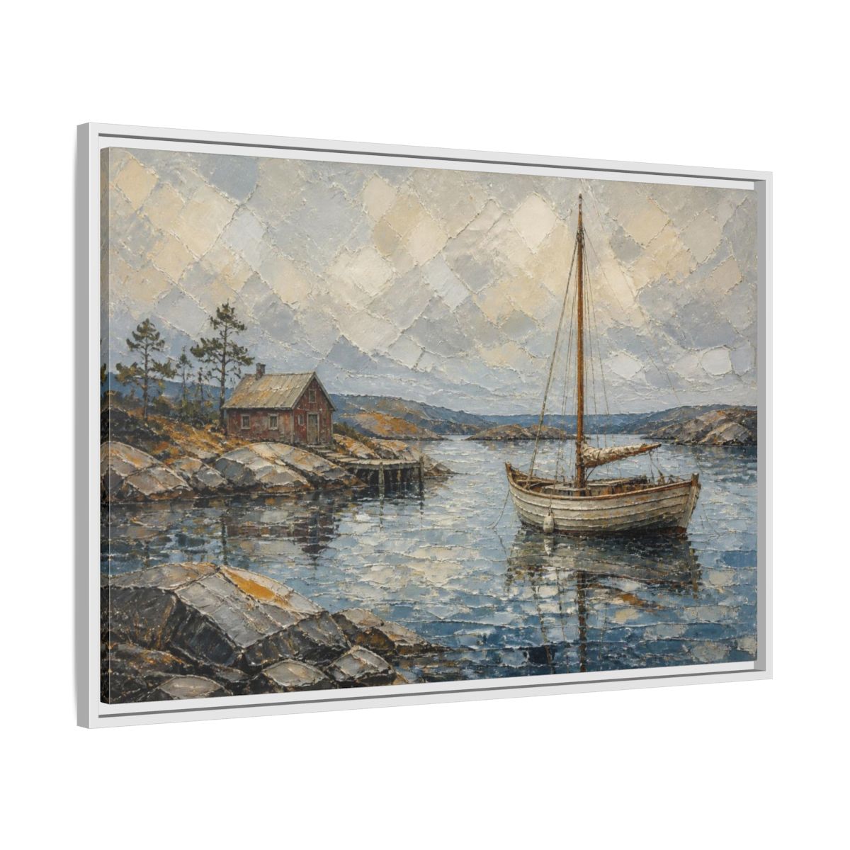 Side Mockup 9. Nordic Sailboat Inlet shown as framed canvas print