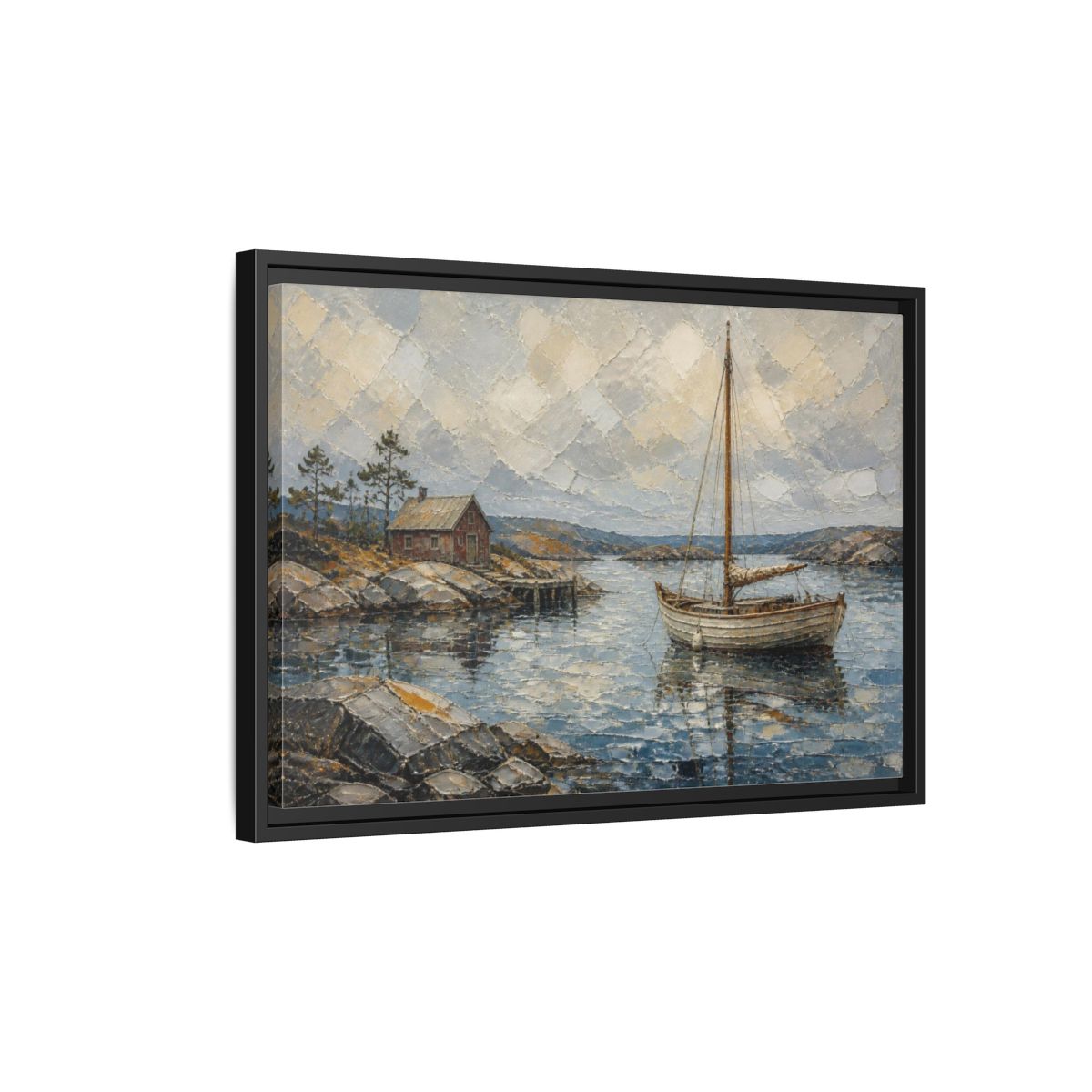 Side Mockup 3. Nordic Sailboat Inlet shown as framed canvas print