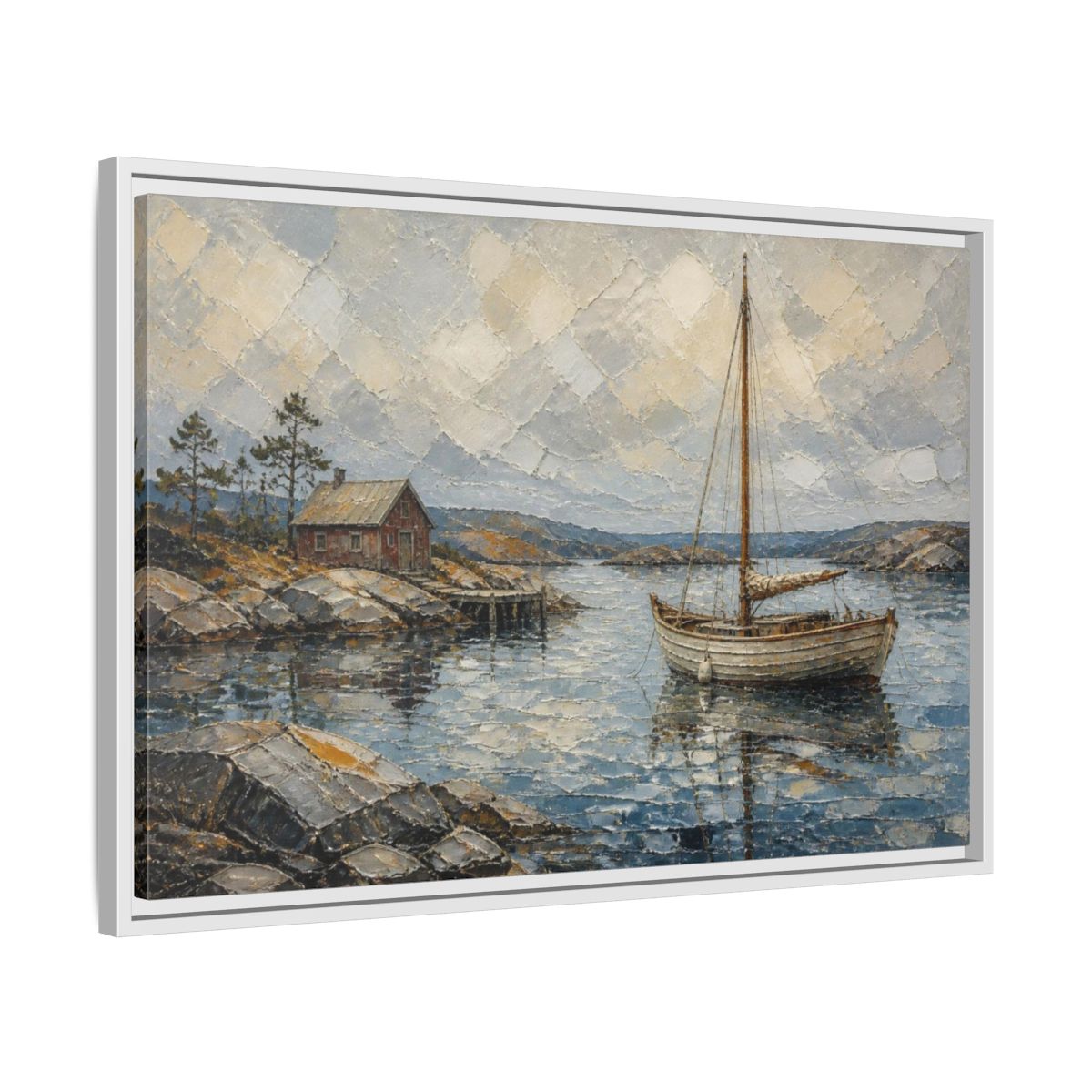 Side Mockup 10. Nordic Sailboat Inlet shown as framed canvas print