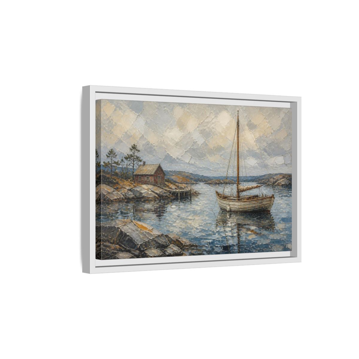 Side Mockup 4. Nordic Sailboat Inlet shown as framed canvas print