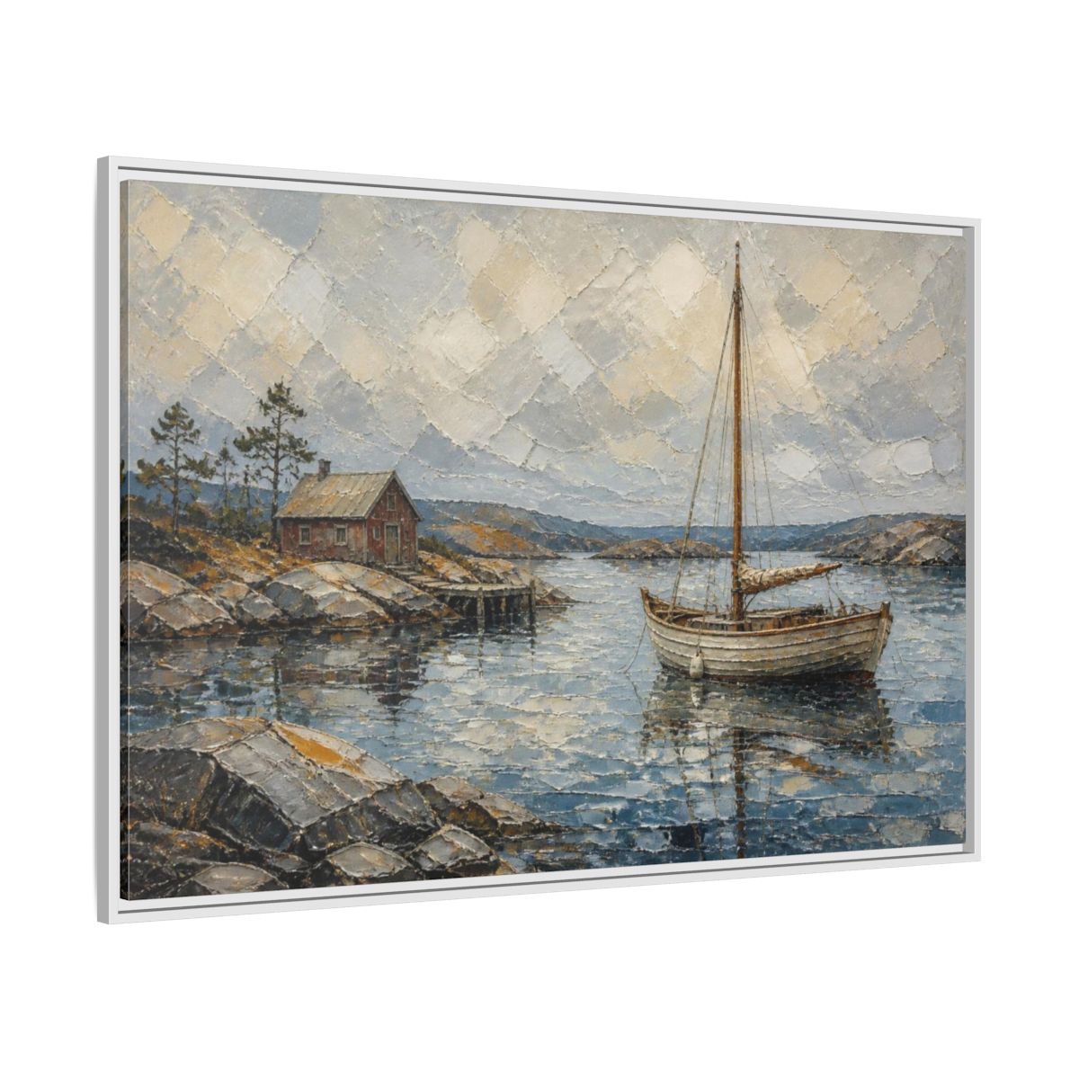 Side Mockup 7. Nordic Sailboat Inlet shown as framed canvas print