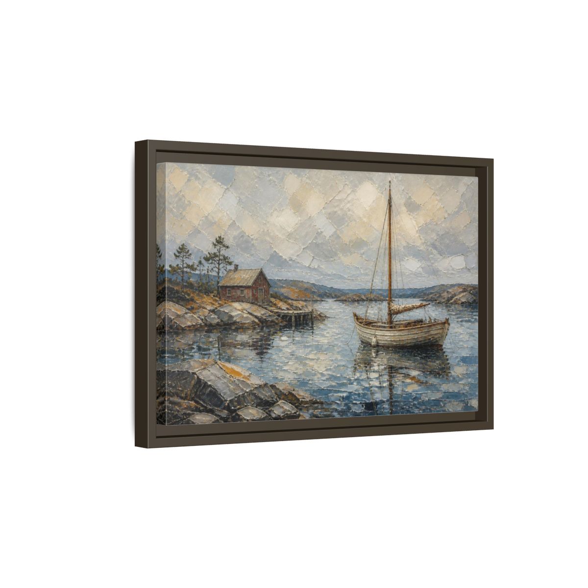 Side Mockup 5. Nordic Sailboat Inlet shown as framed canvas print