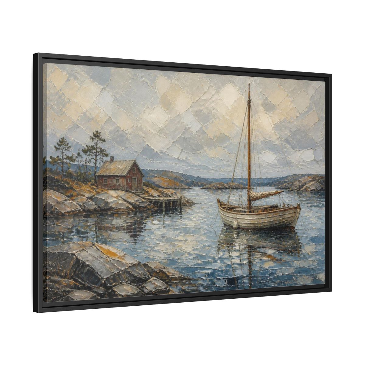 Side Mockup 13. Nordic Sailboat Inlet shown as framed canvas print