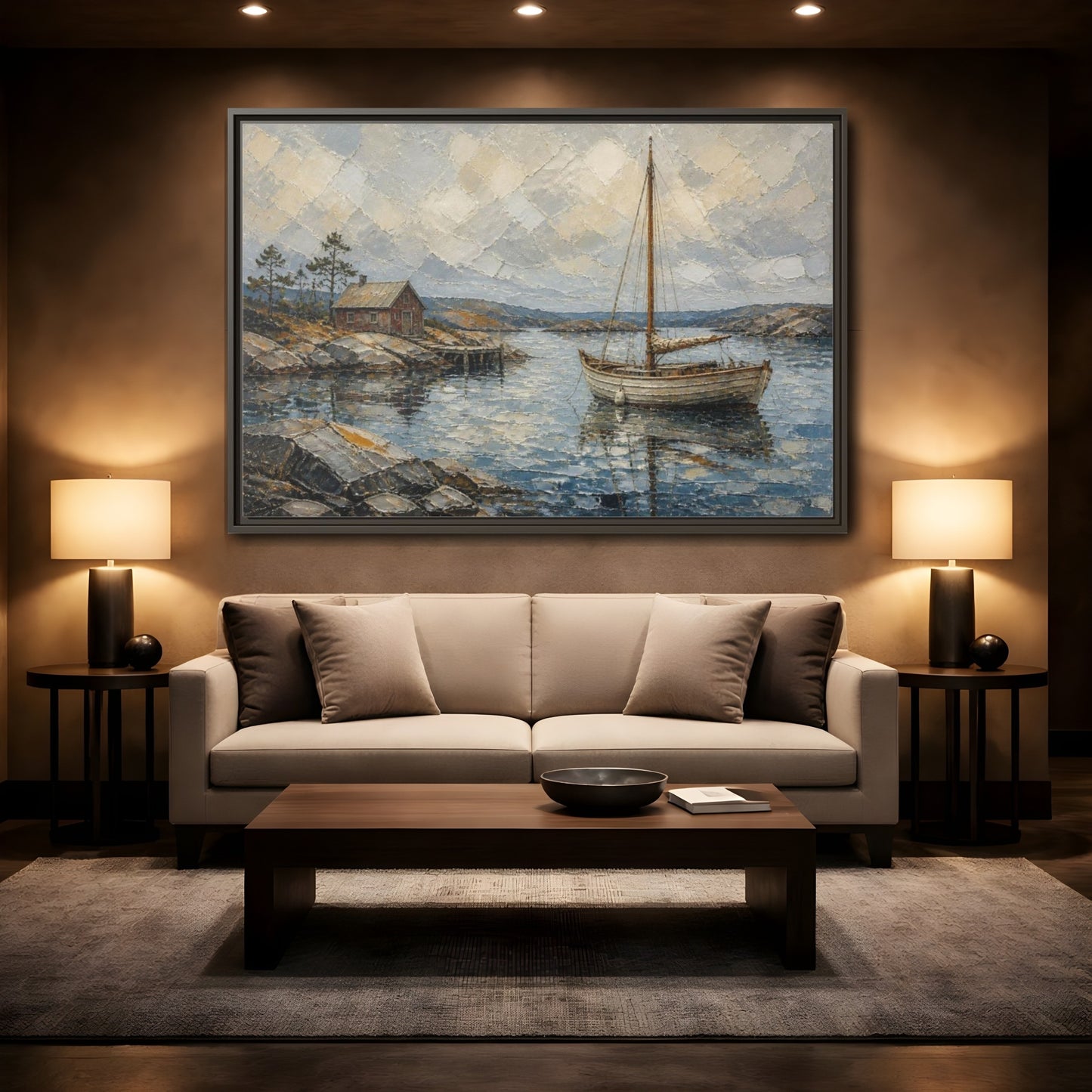 Mockup 2. Nordic Sailboat Inlet shown as framed canvas print