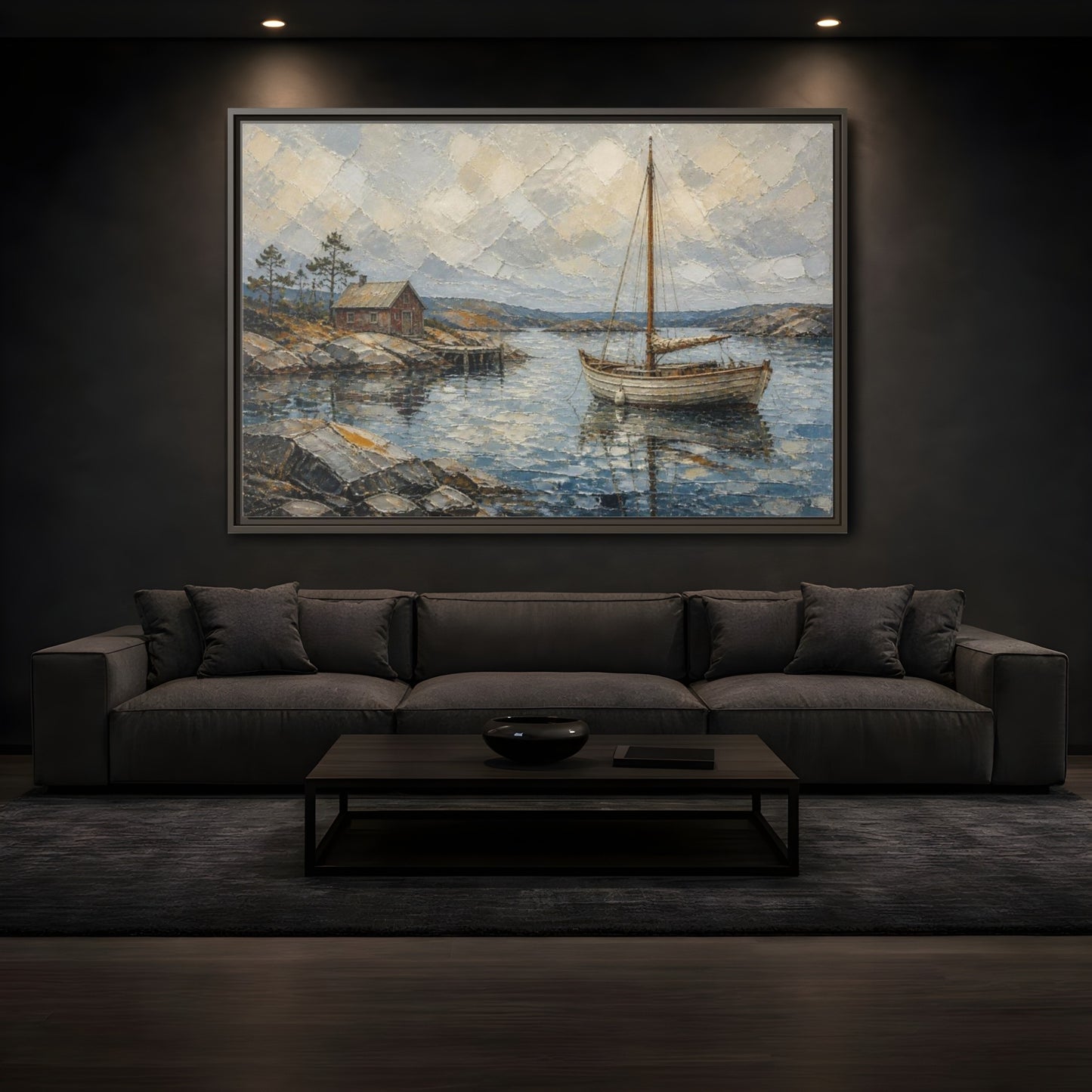Mockup 3. Nordic Sailboat Inlet shown as framed canvas print