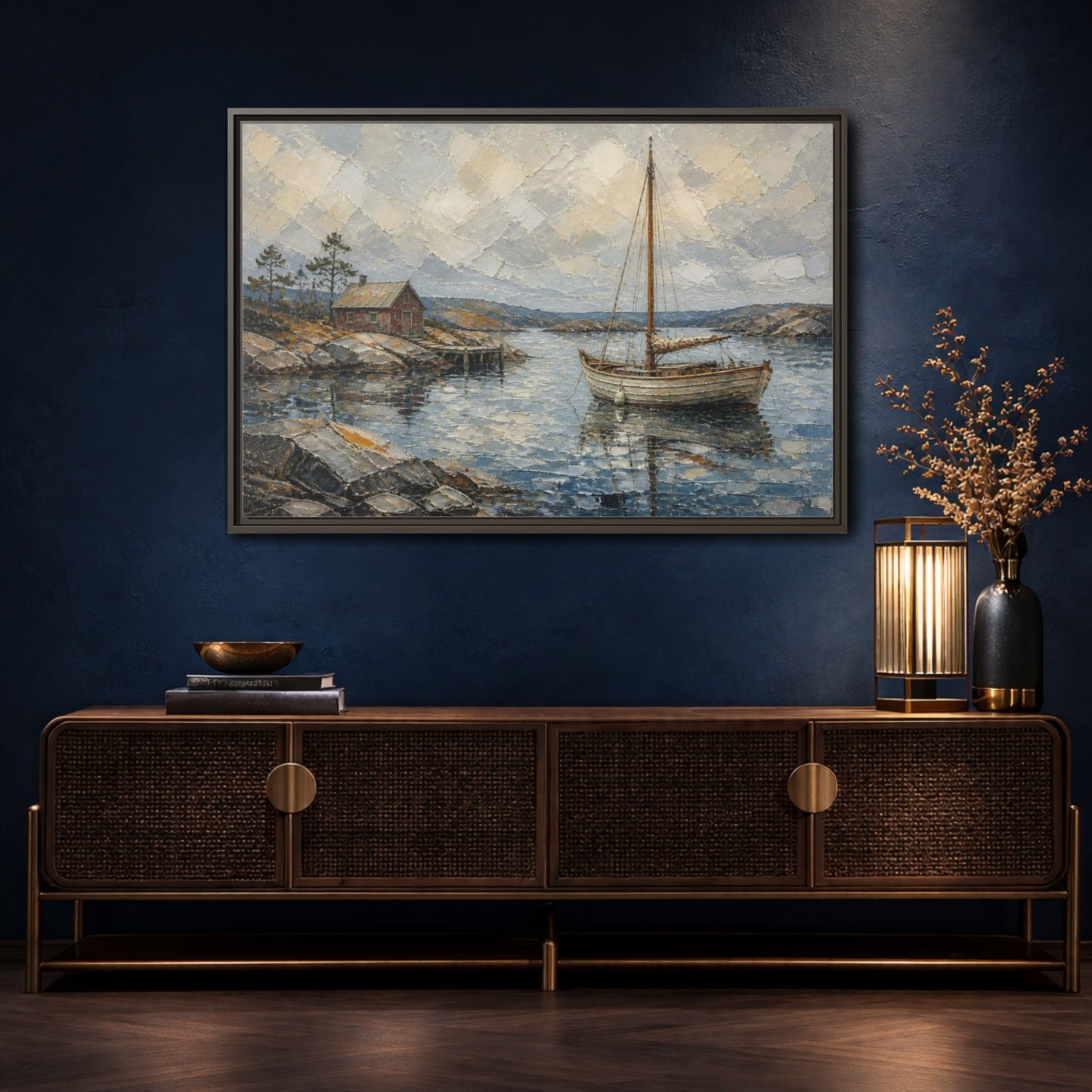 Mockup 4. Nordic Sailboat Inlet shown as framed canvas print