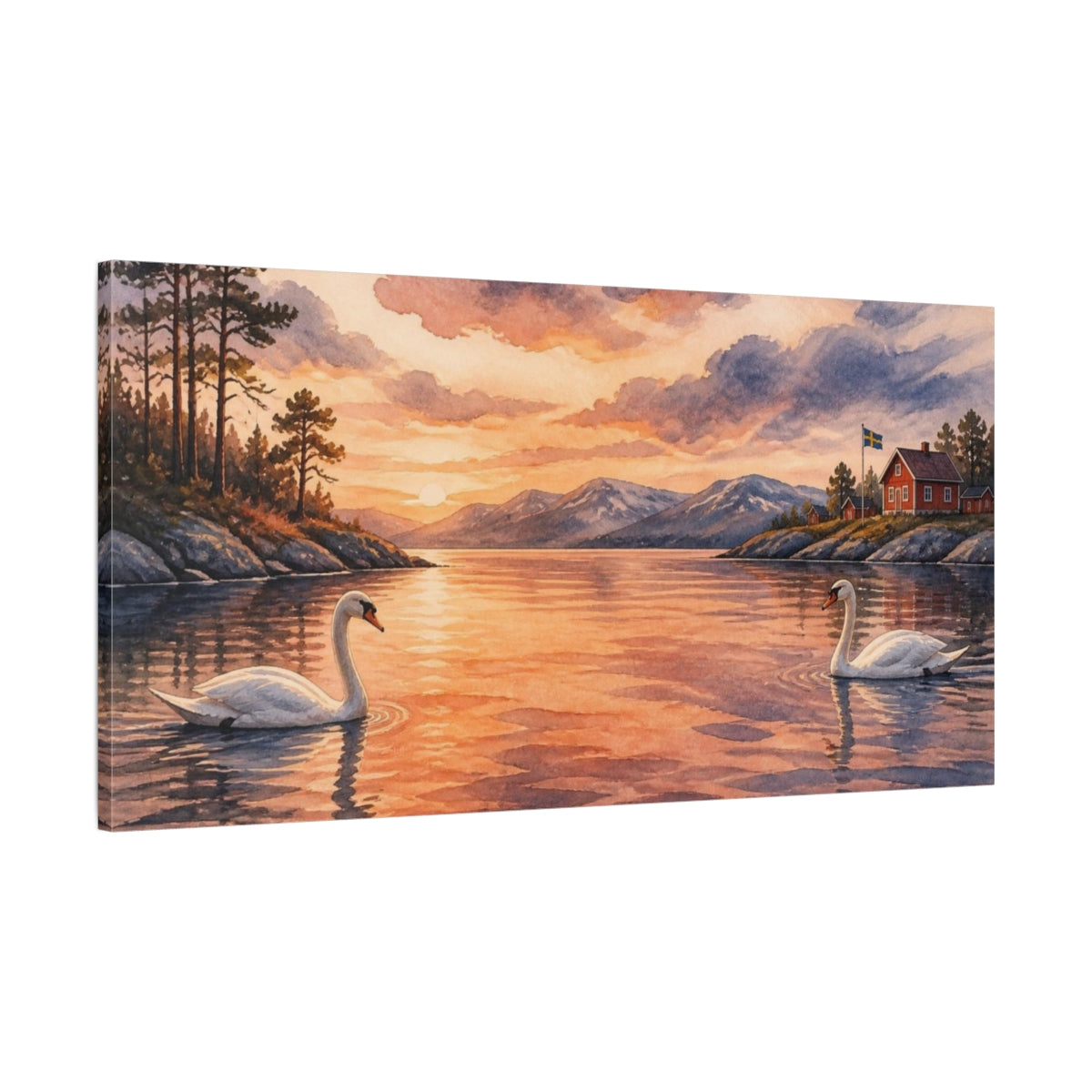 Main Mockup. Nordic Swan Sunset shown as canvas print