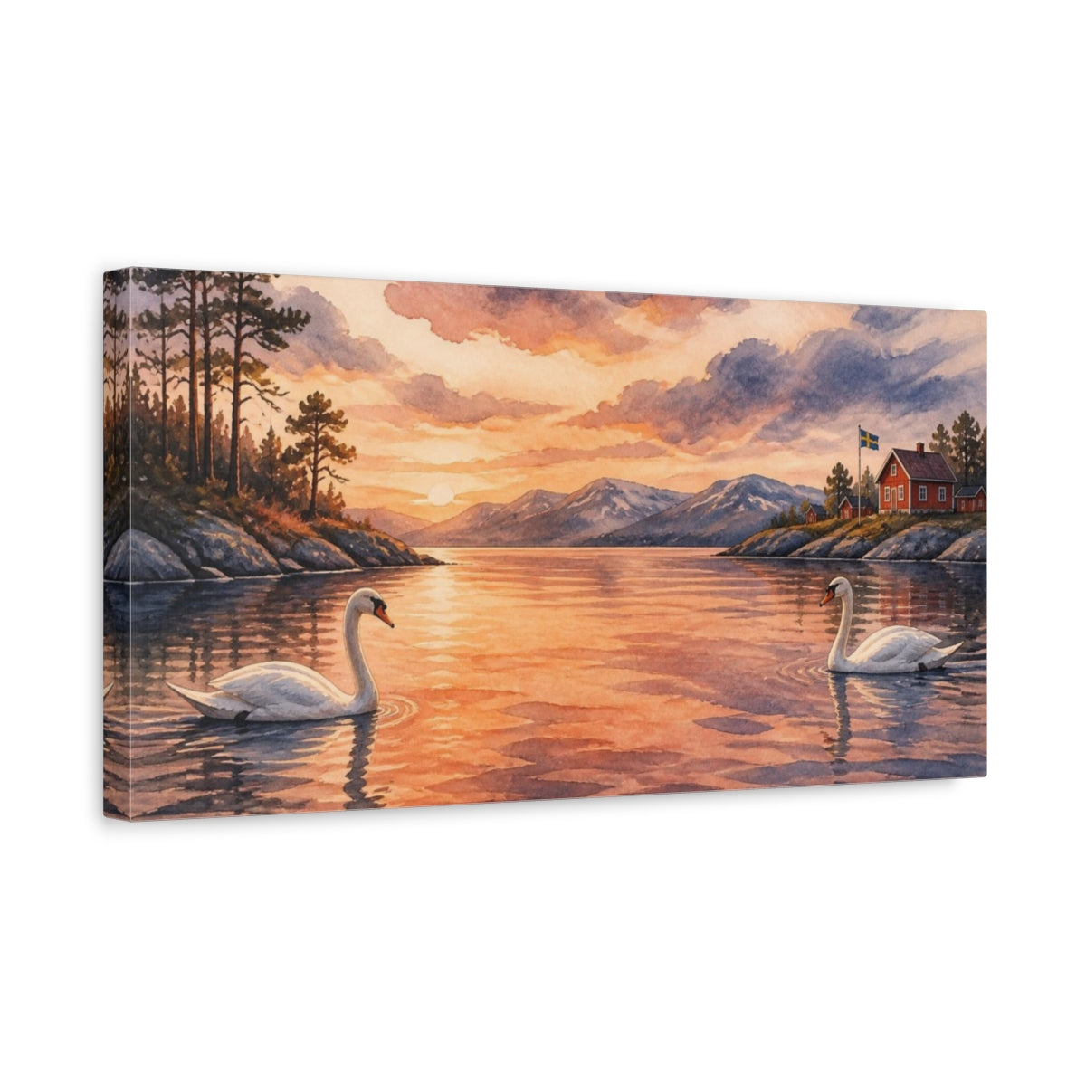 Side Mockup 3. Nordic Swan Sunset shown as canvas print