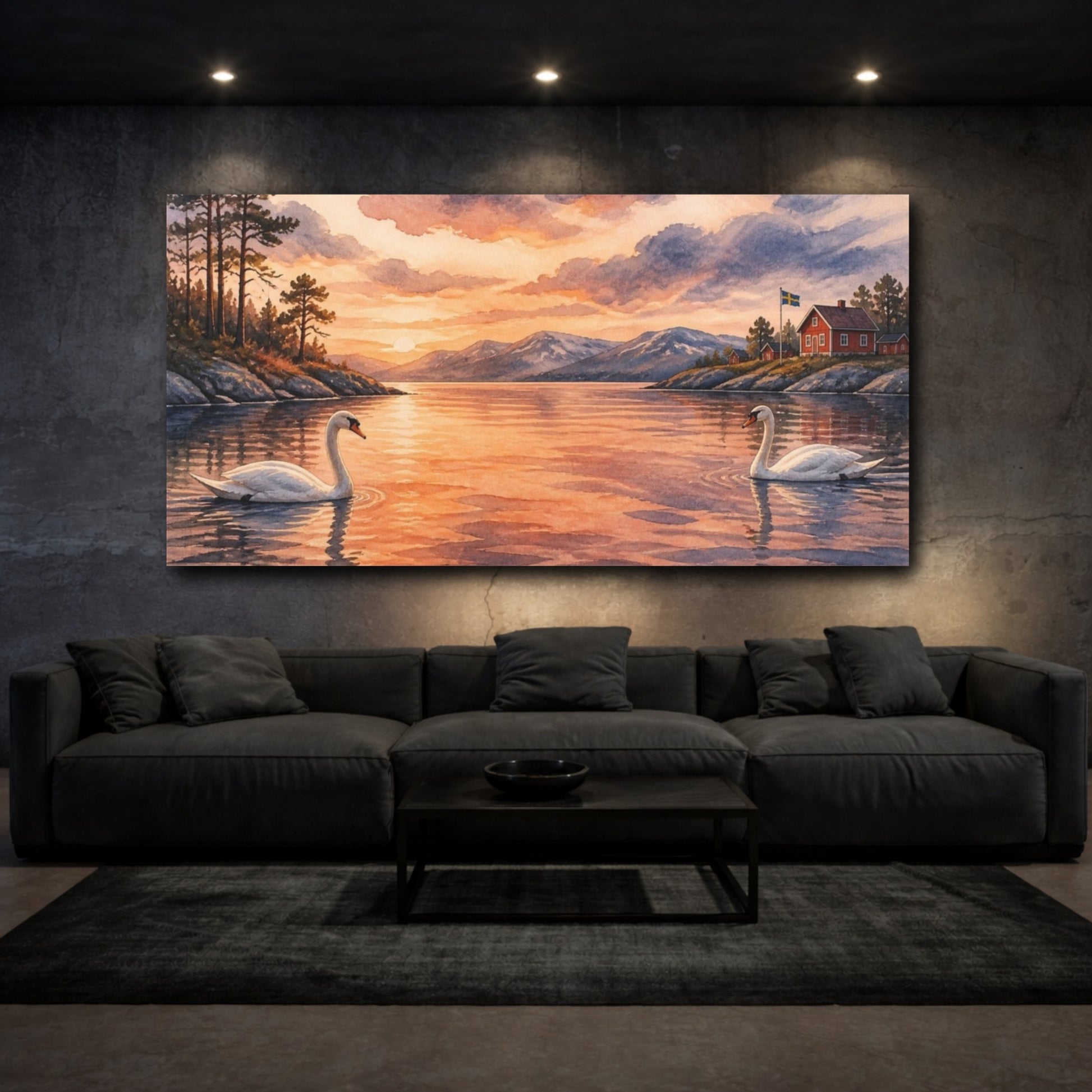 Mockup 3. Nordic Swan Sunset shown as canvas print