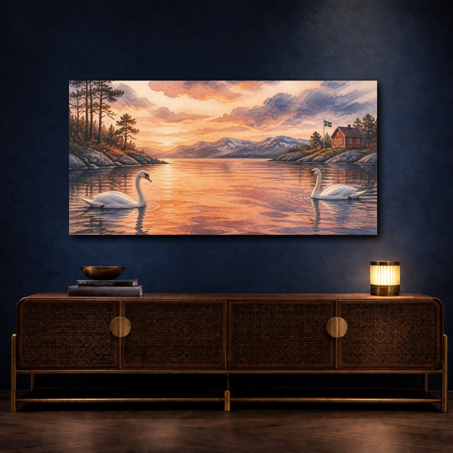 Mockup 4. Nordic Swan Sunset shown as canvas print