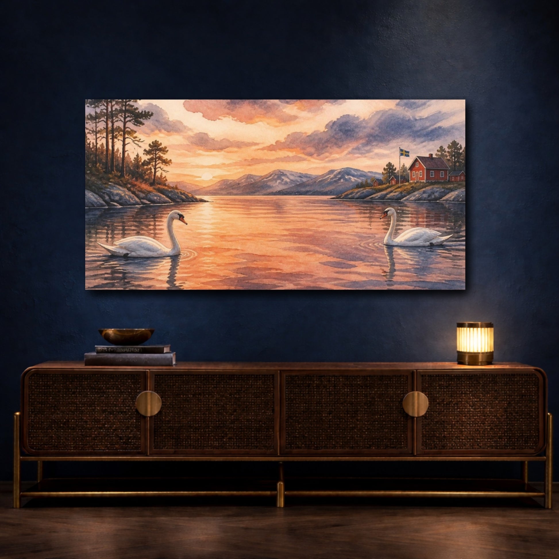 Mockup 4. Nordic Swan Sunset shown as canvas print