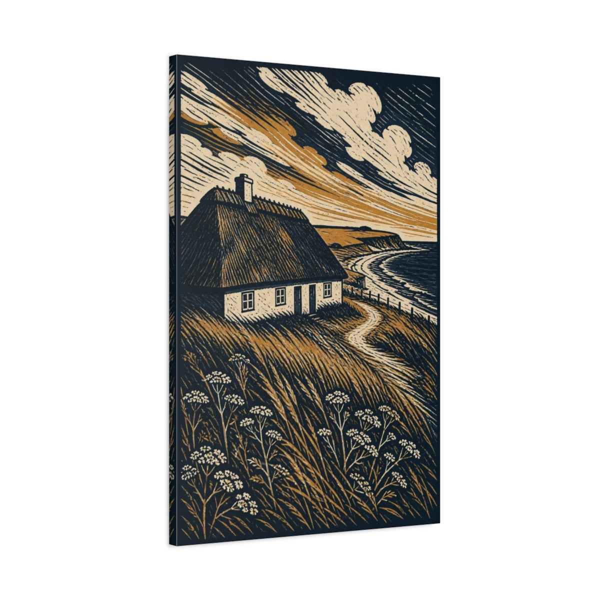 Main Mockup. Nordic Thatched Cottage shown as canvas print