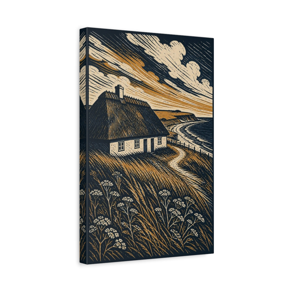 Side Mockup 4. Nordic Thatched Cottage shown as canvas print