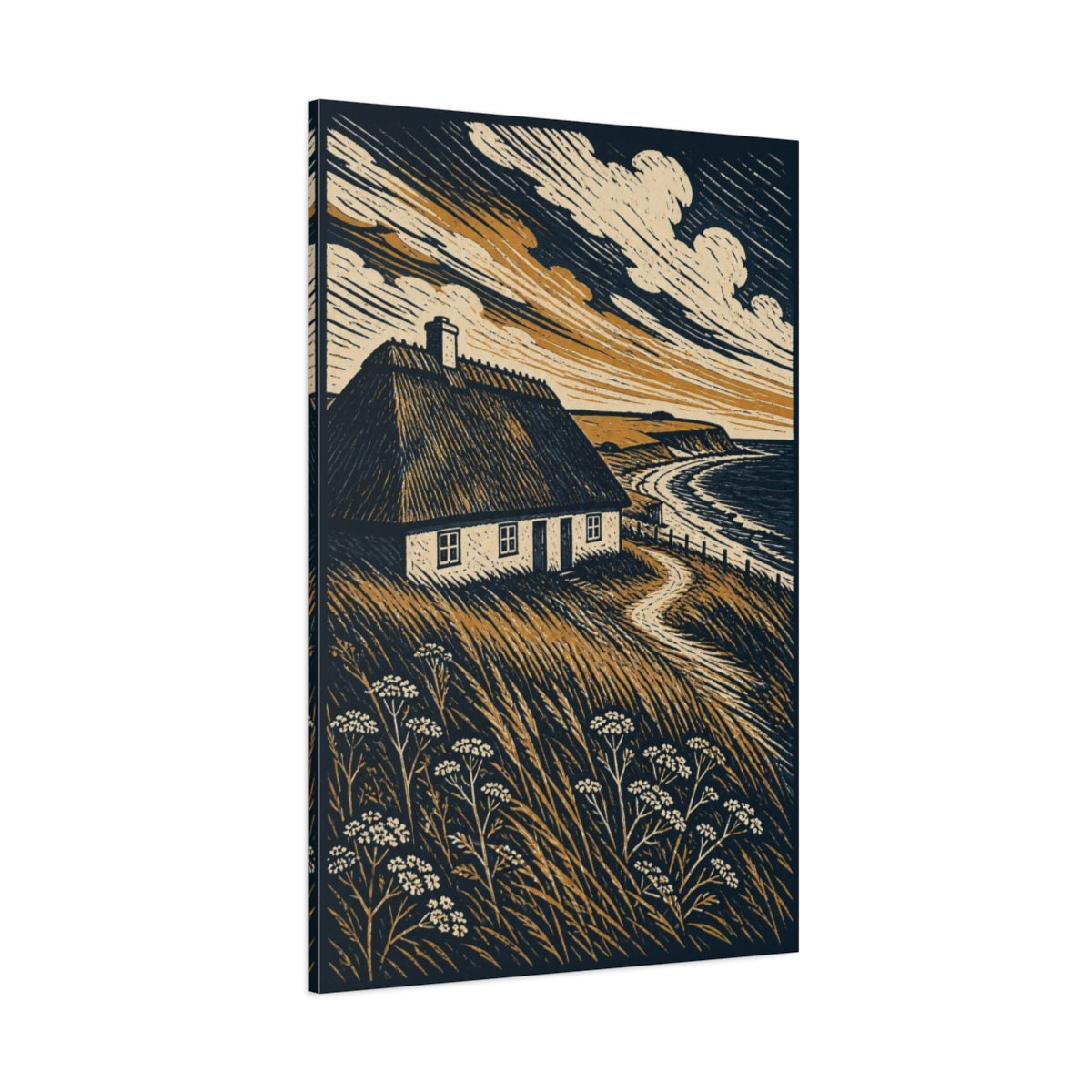 Side Mockup 1. Nordic Thatched Cottage shown as canvas print