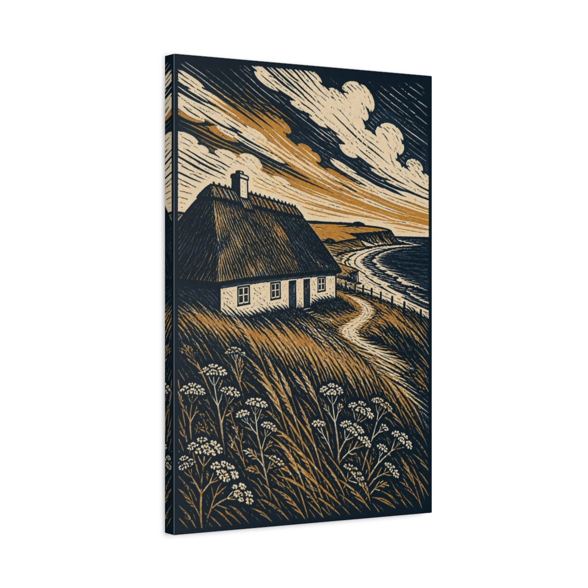 Side Mockup 2. Nordic Thatched Cottage shown as canvas print