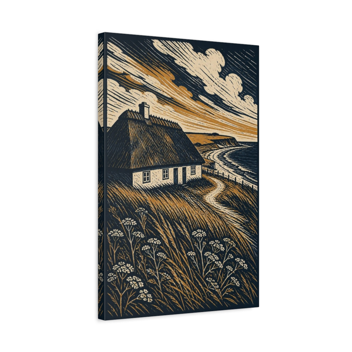 Side Mockup 3. Nordic Thatched Cottage shown as canvas print