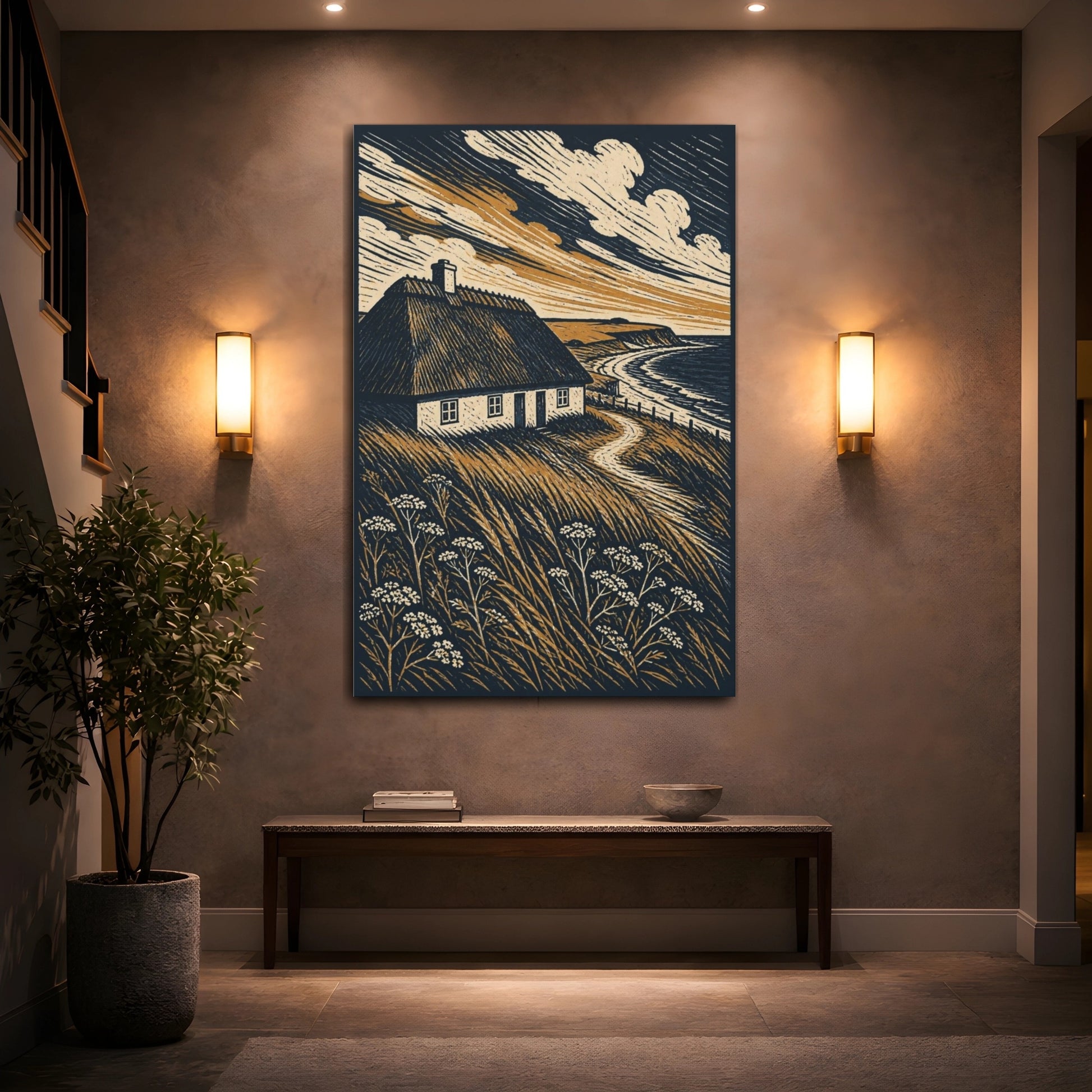 Mockup 2. Nordic Thatched Cottage shown as canvas print