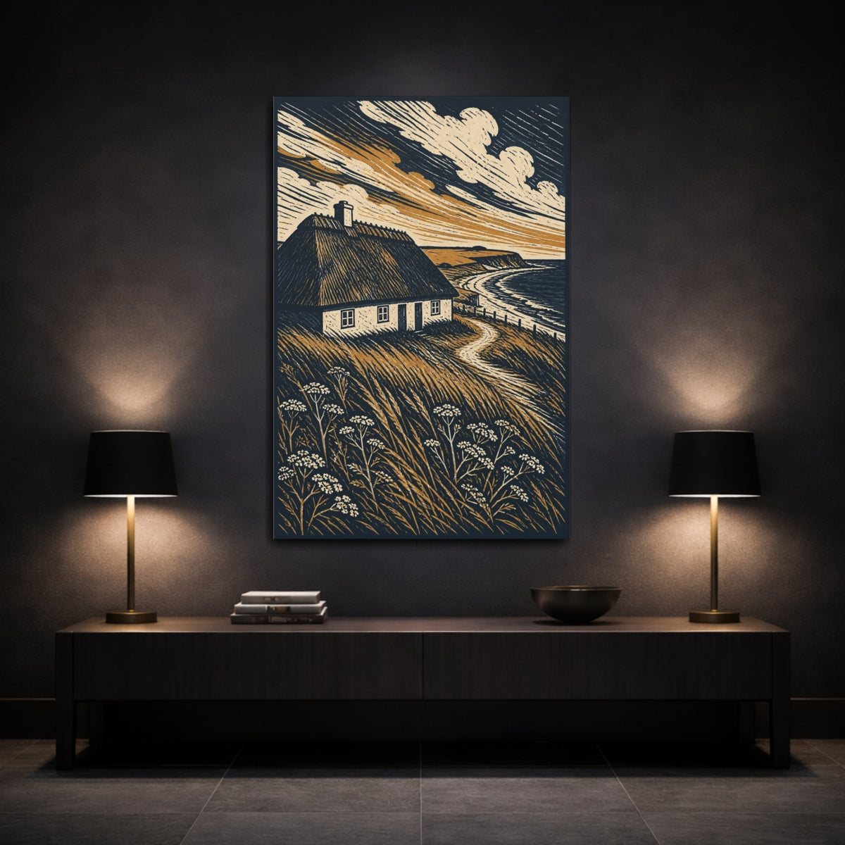 Mockup 3. Nordic Thatched Cottage shown as canvas print