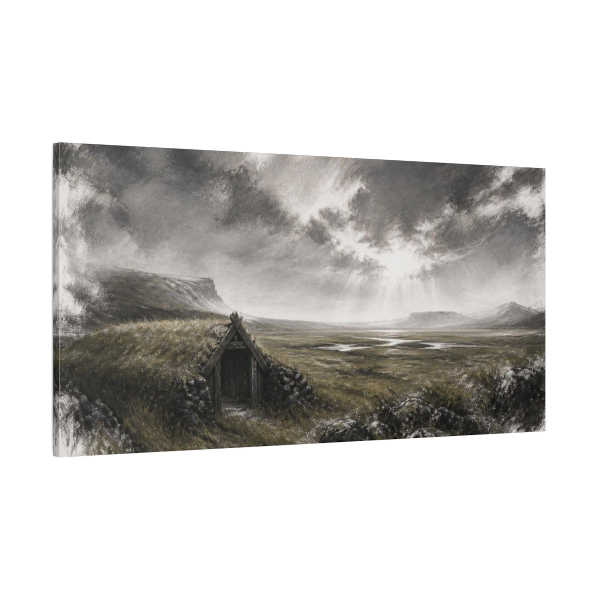 Side Mockup 2. Nordic Turf Hut shown as canvas print