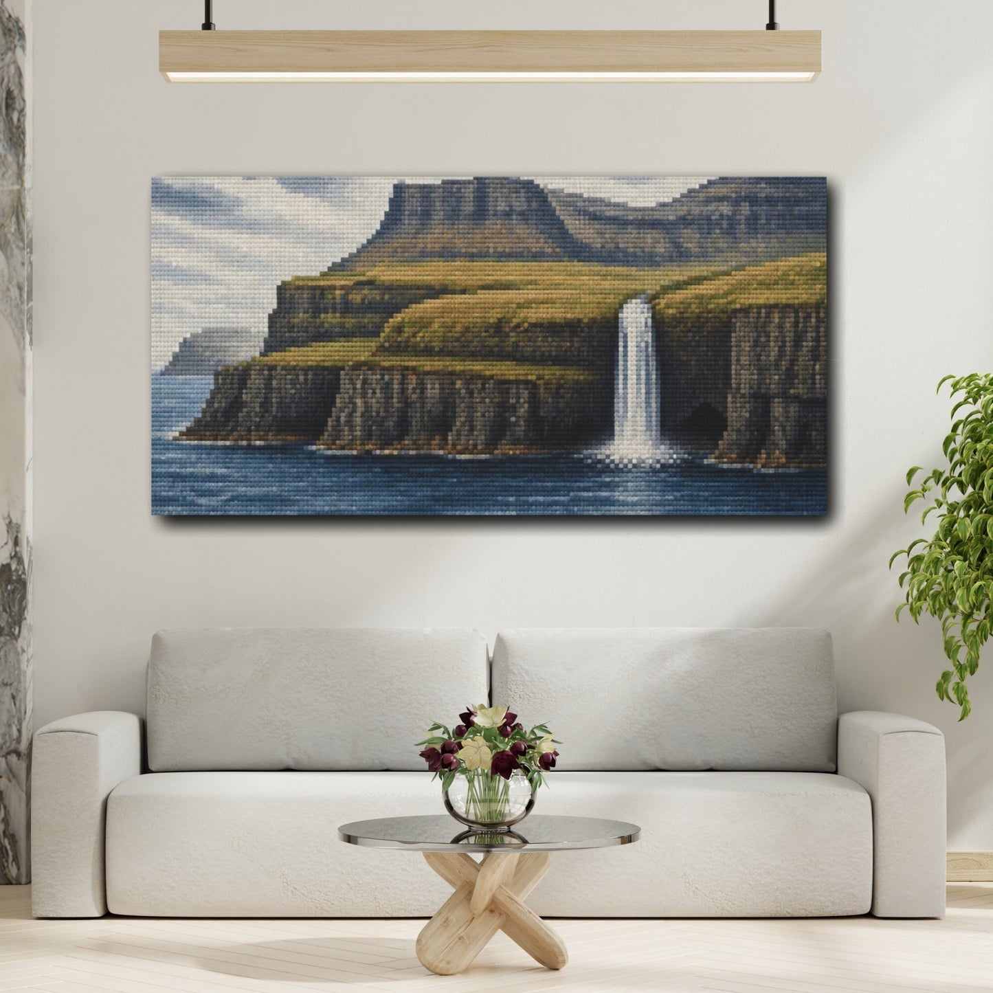 Mockup 2. Nordic Waterfall Cliffs shown as canvas print