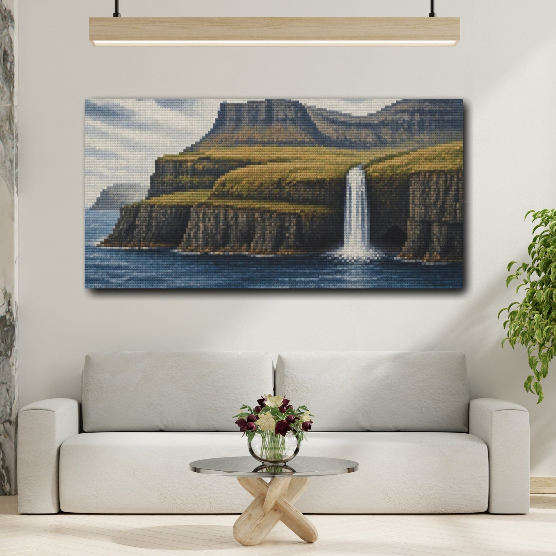 Mockup 2. Nordic Waterfall Cliffs shown as canvas print