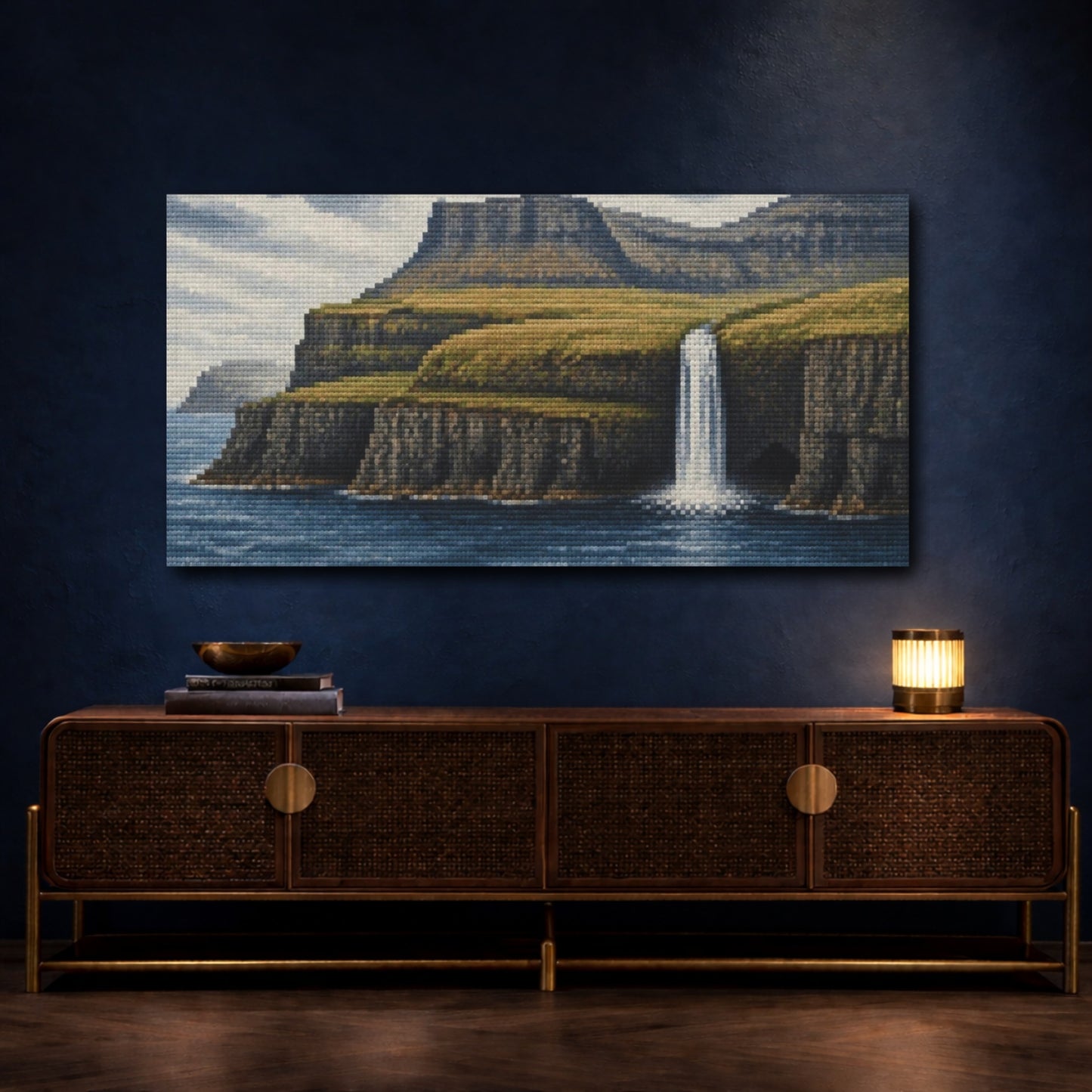 Mockup 4. Nordic Waterfall Cliffs shown as canvas print