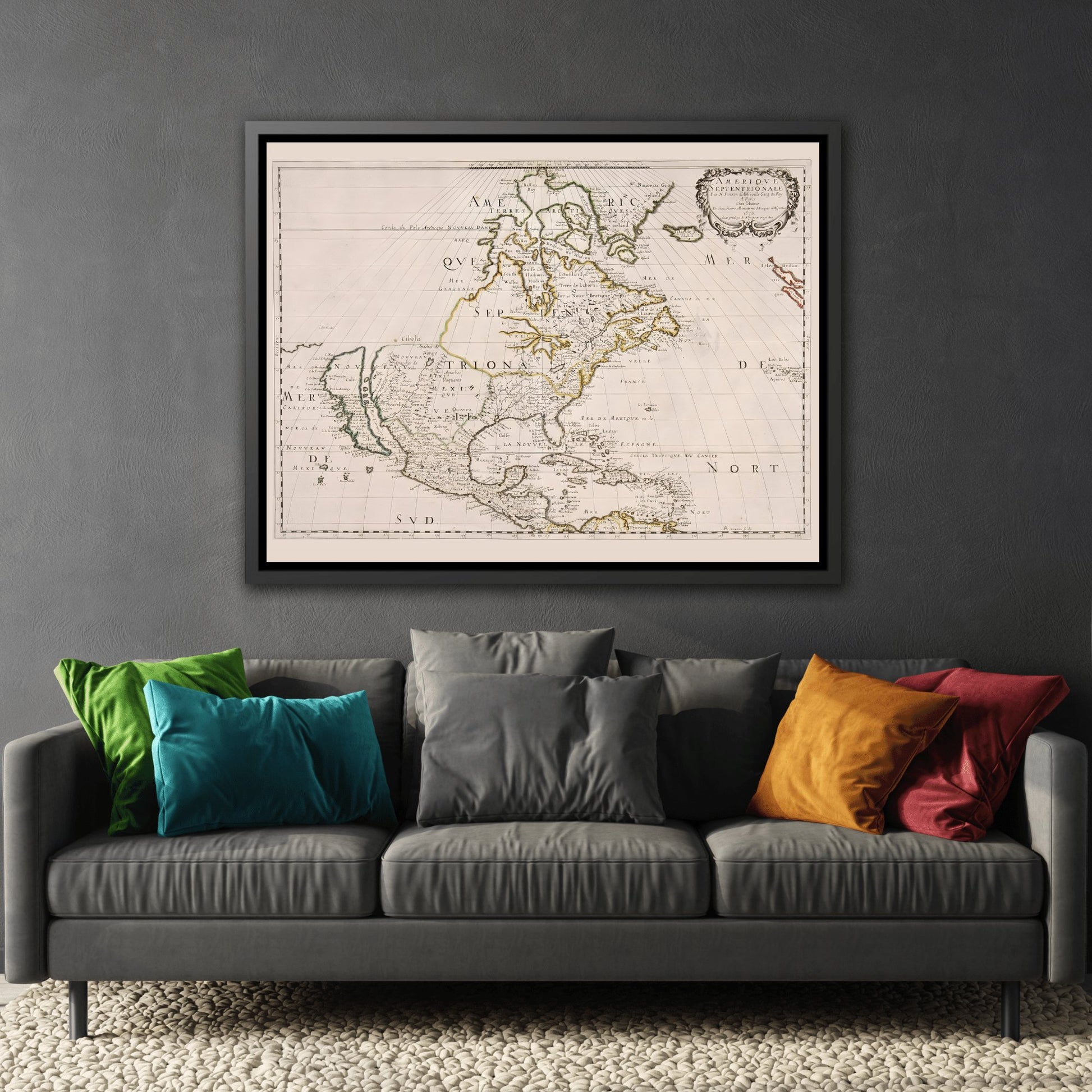 North America Nicolas Sanson - Framed Canvas Wall Art Print Reproduction