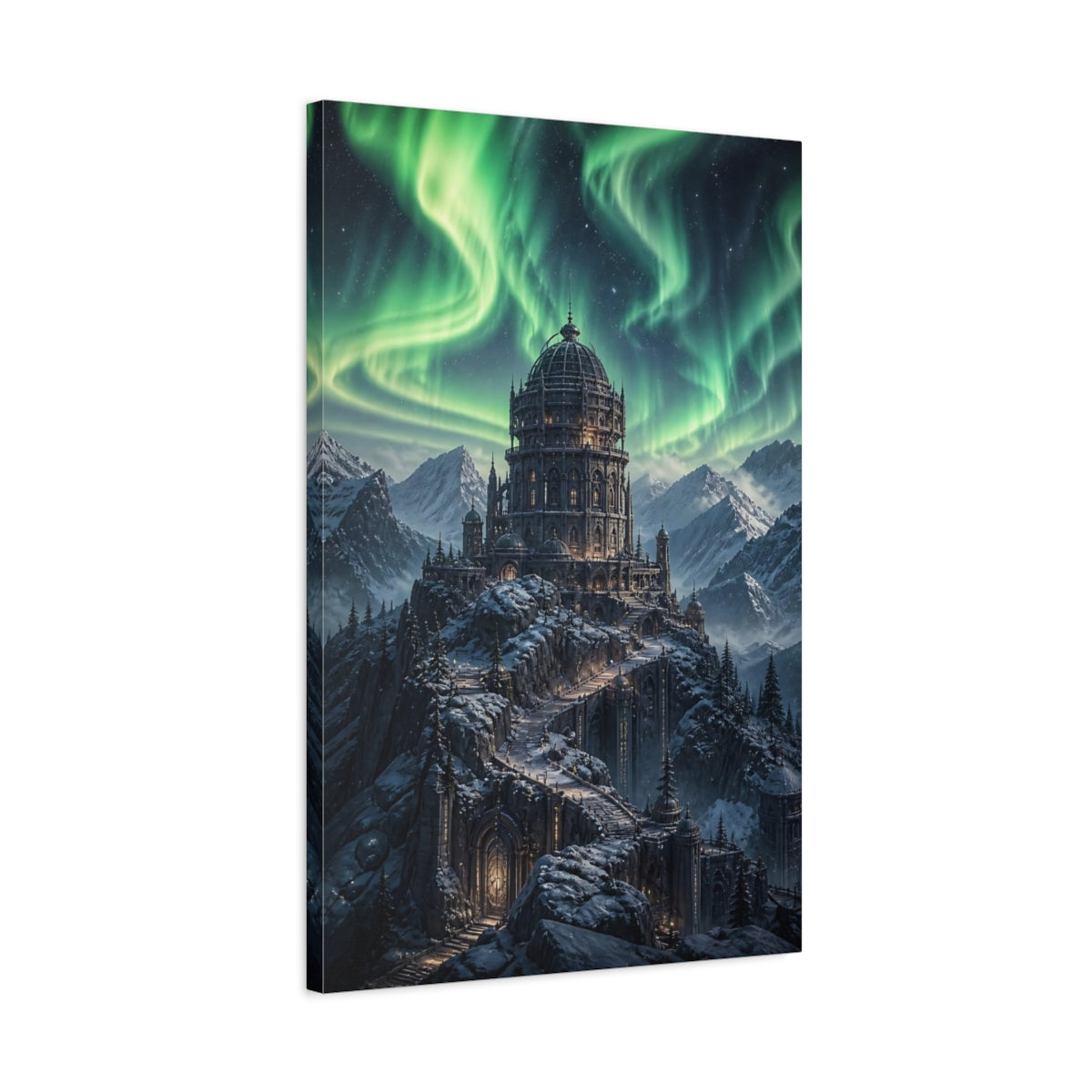 Side Mockup 2. Northern Lights Castle shown as canvas print
