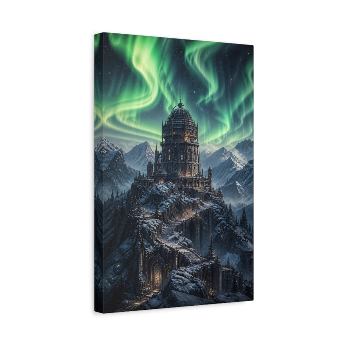 Side Mockup 4. Northern Lights Castle shown as canvas print