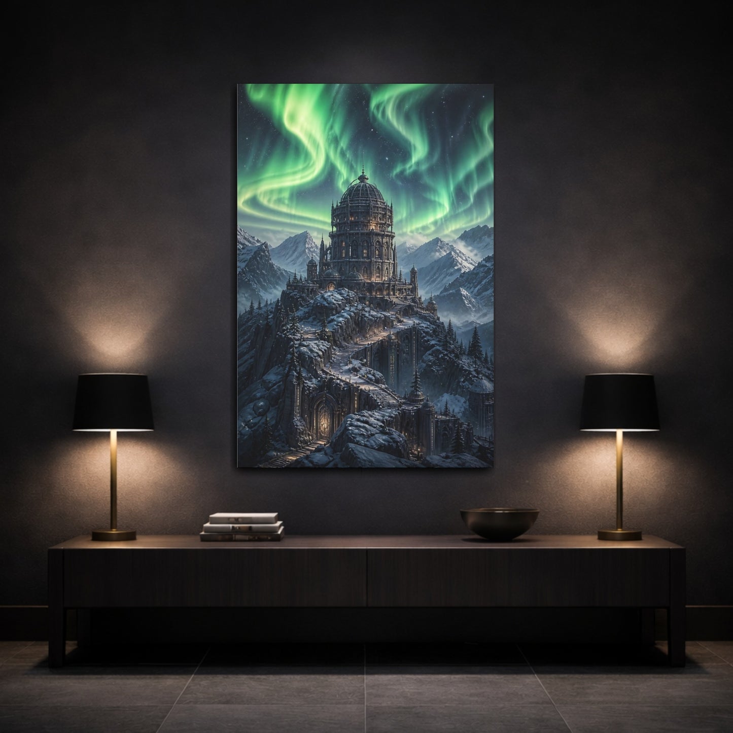 Mockup 3. Northern Lights Castle shown as canvas print