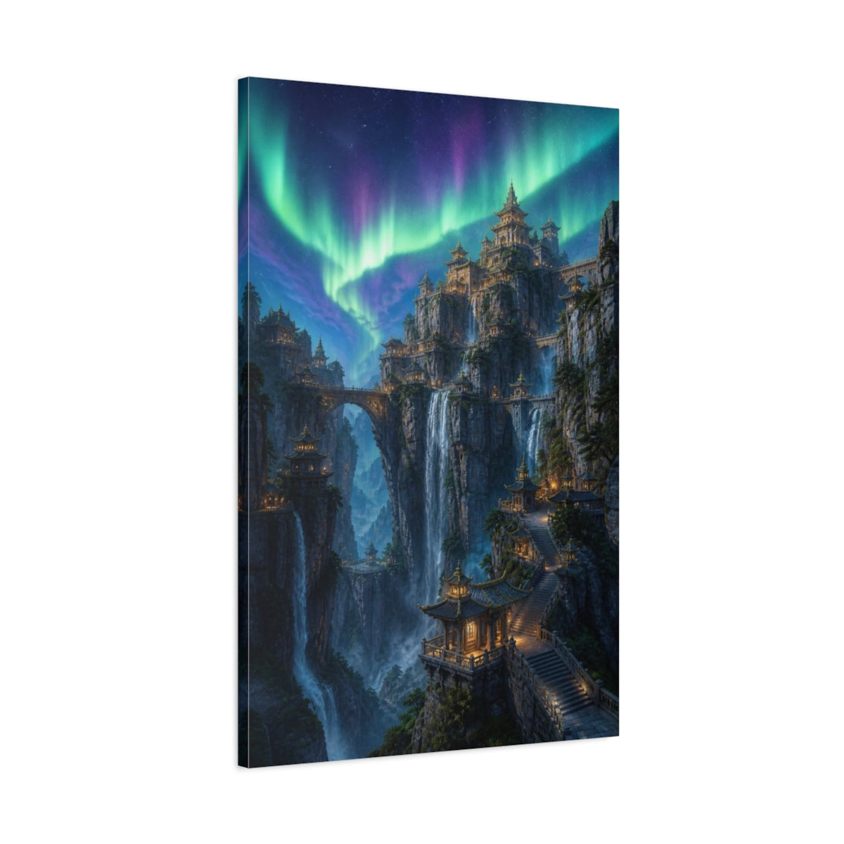 Main Mockup. Northern Lights Cliff Temple shown as canvas print