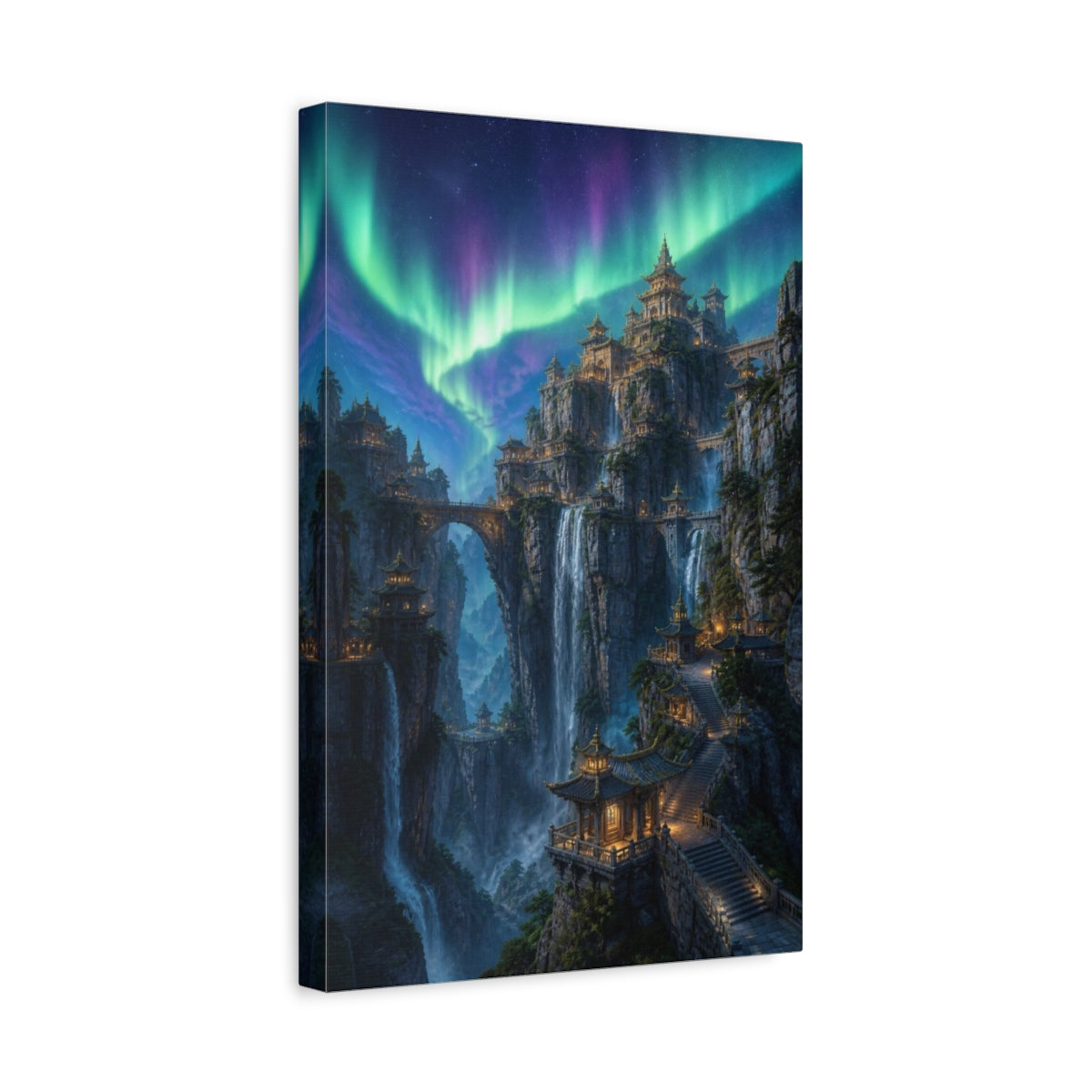 Side Mockup 4. Northern Lights Cliff Temple shown as canvas print