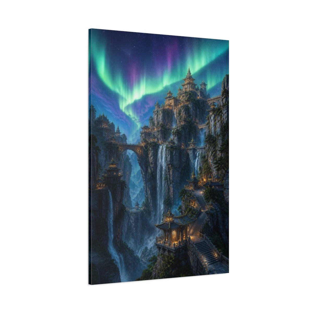 Side Mockup 1. Northern Lights Cliff Temple shown as canvas print