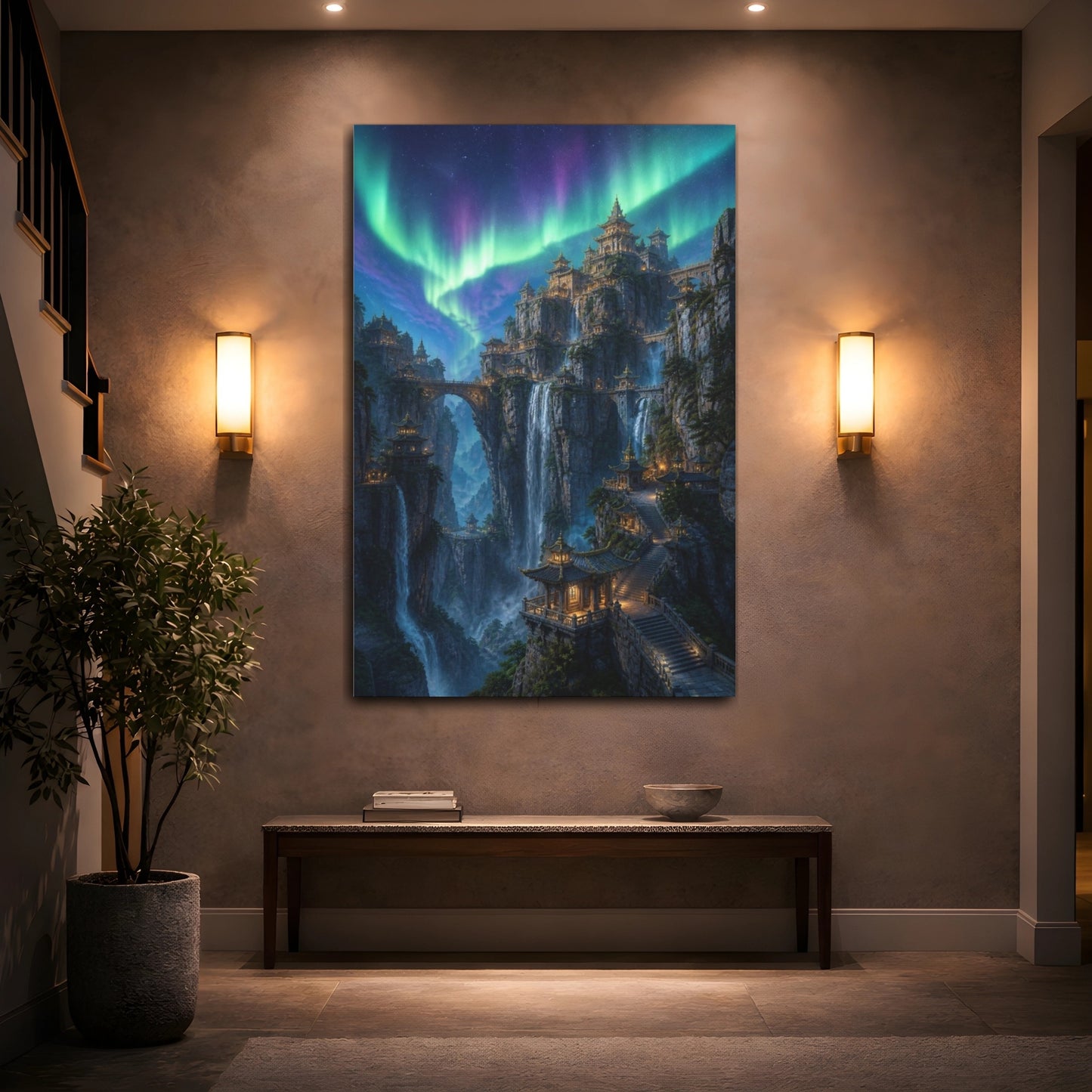 Mockup 2. Northern Lights Cliff Temple shown as canvas print