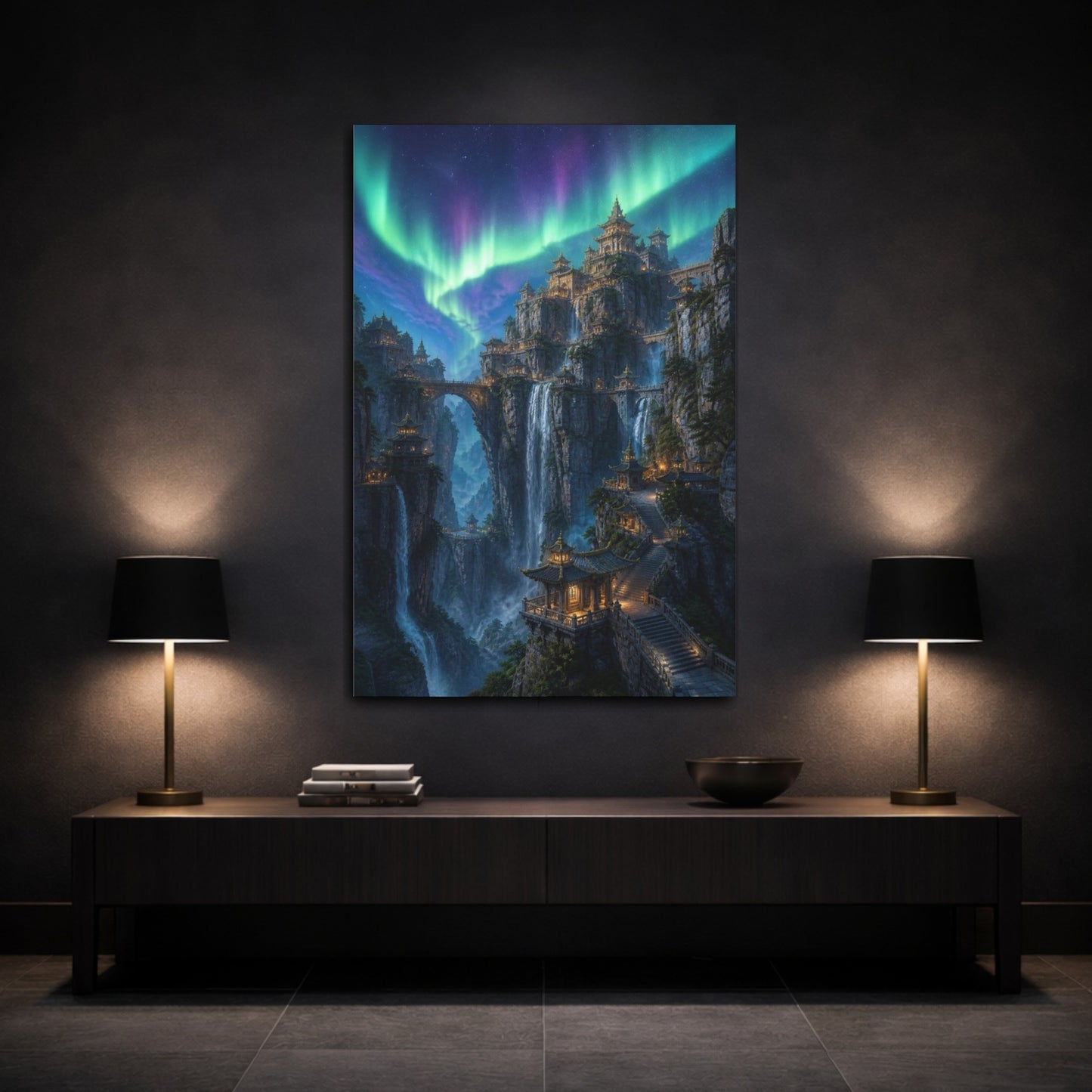 Mockup 3. Northern Lights Cliff Temple shown as canvas print
