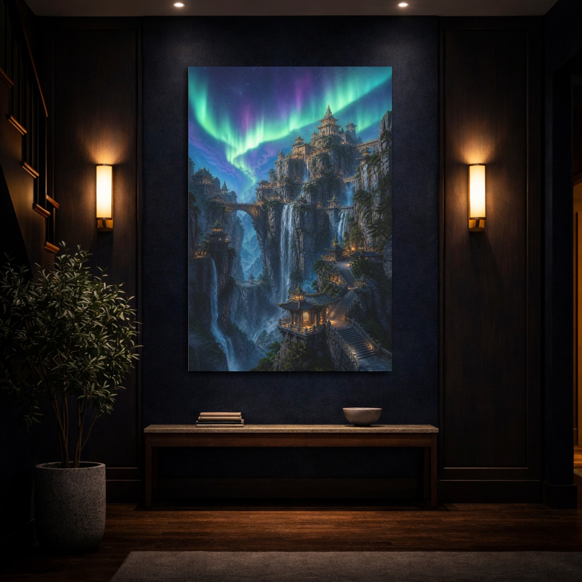 Mockup 4. Northern Lights Cliff Temple shown as canvas print