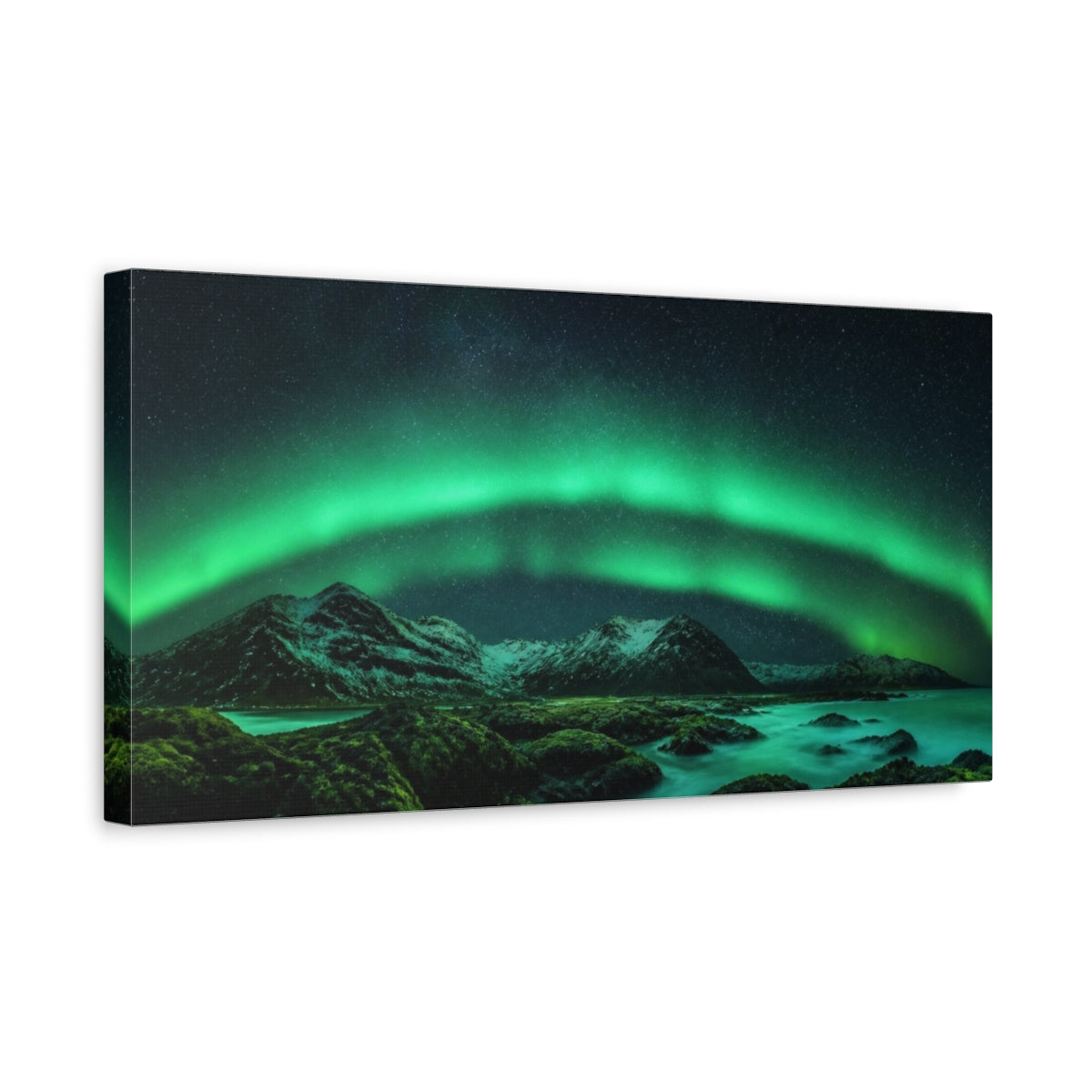 Side Mockup 3. Northern Lights Over Mountains shown as canvas print