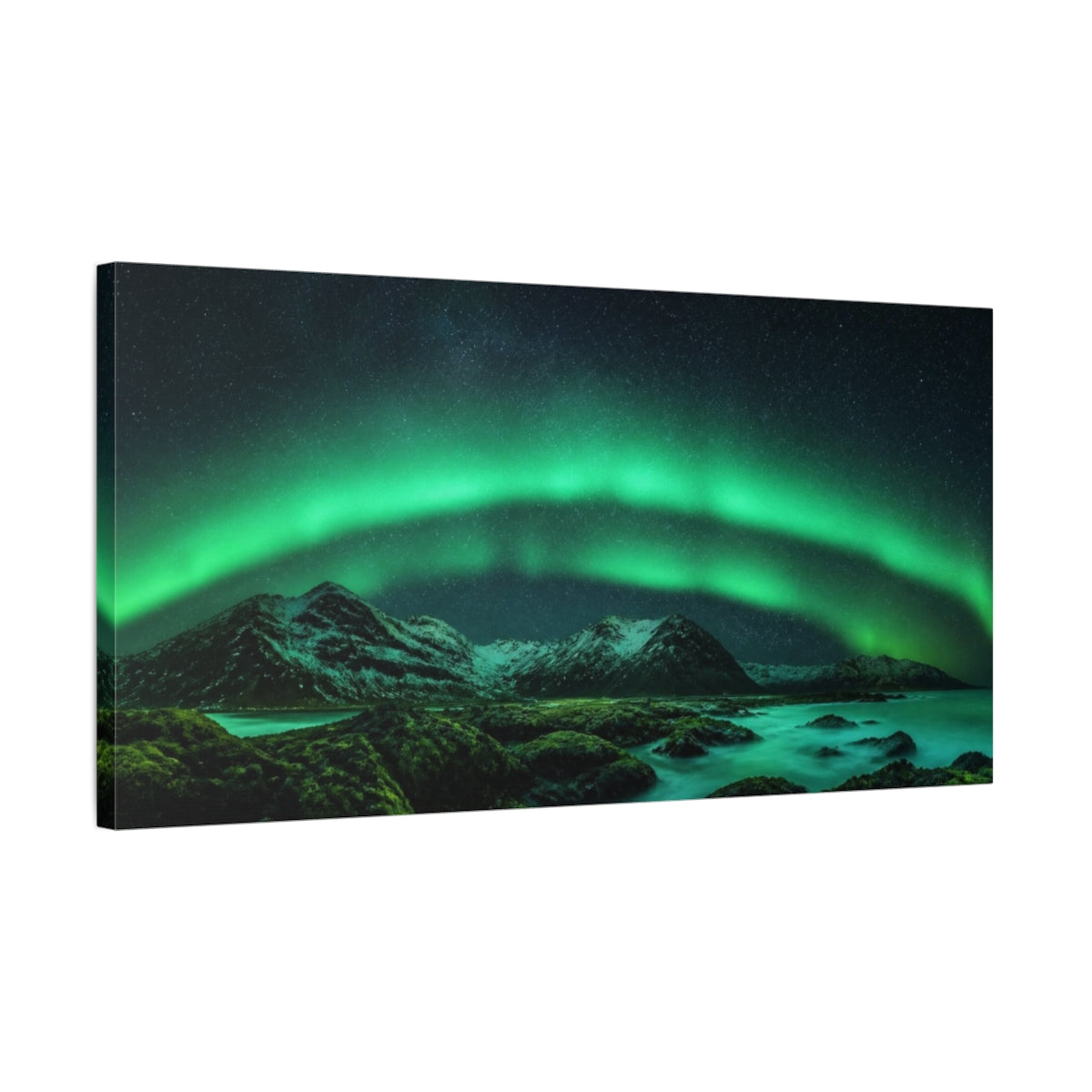 Side Mockup 1. Northern Lights Over Mountains shown as canvas print