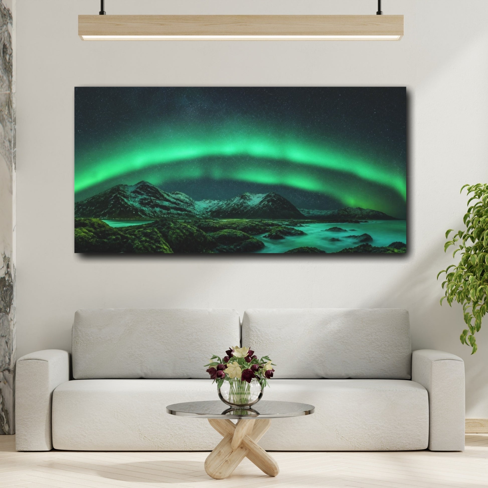 Mockup 2. Northern Lights Over Mountains shown as canvas print