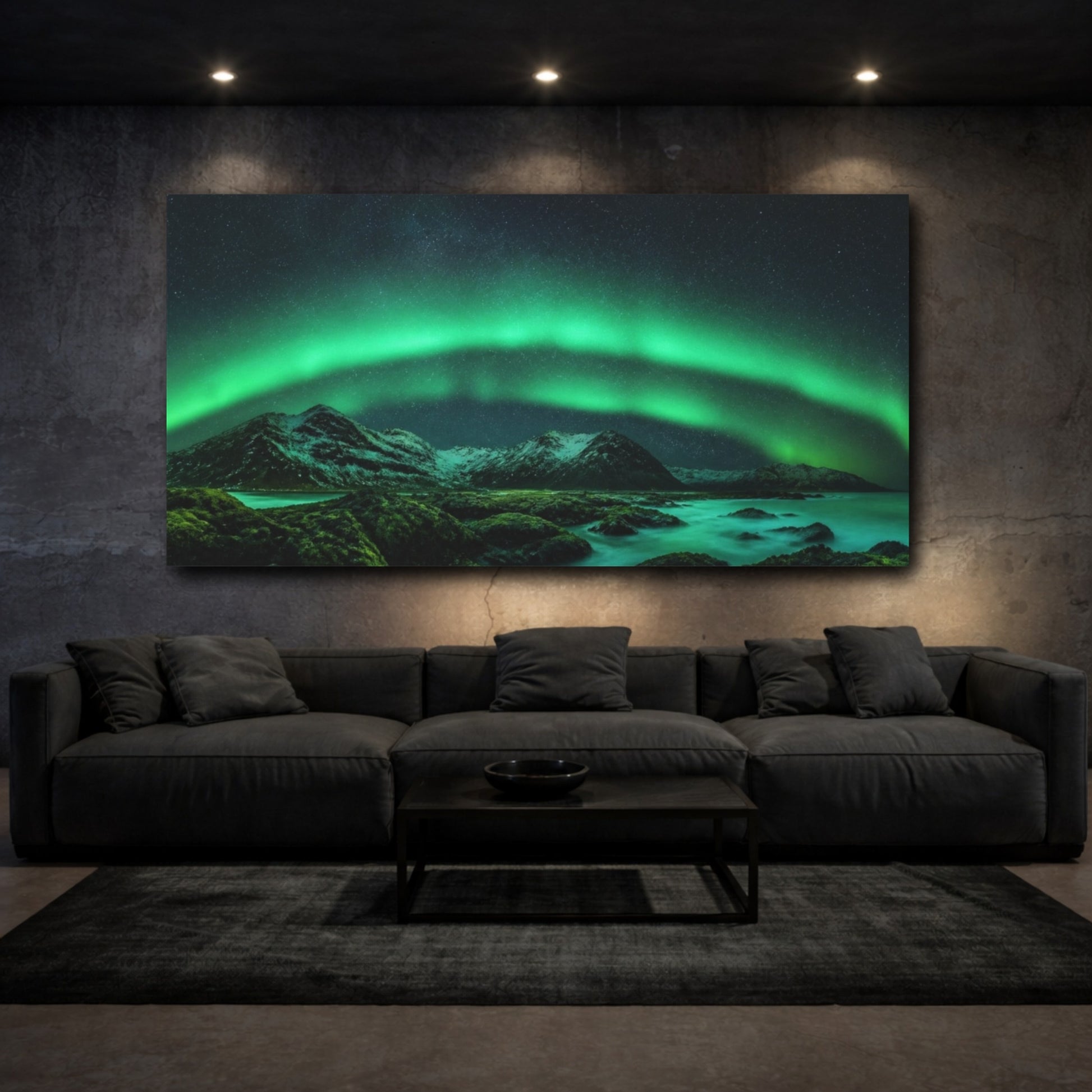 Mockup 3. Northern Lights Over Mountains shown as canvas print