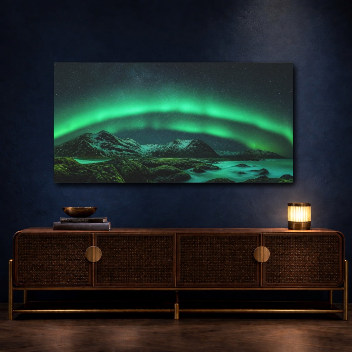 Mockup 4. Northern Lights Over Mountains shown as canvas print