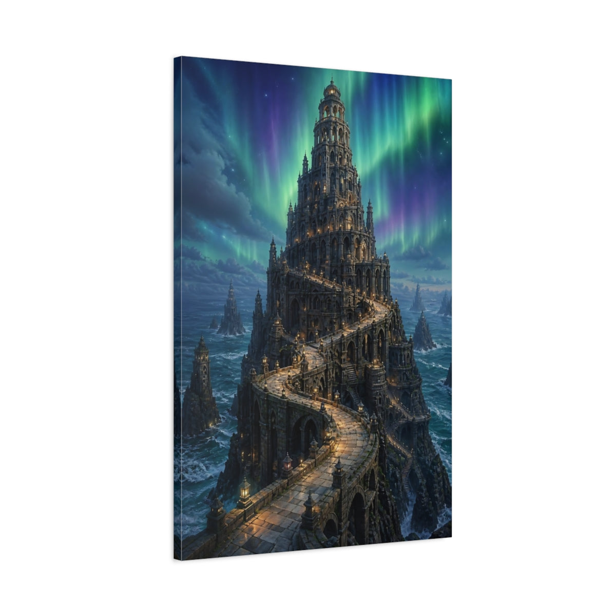 Main Mockup. Northern Lights Stone Tower shown as canvas print