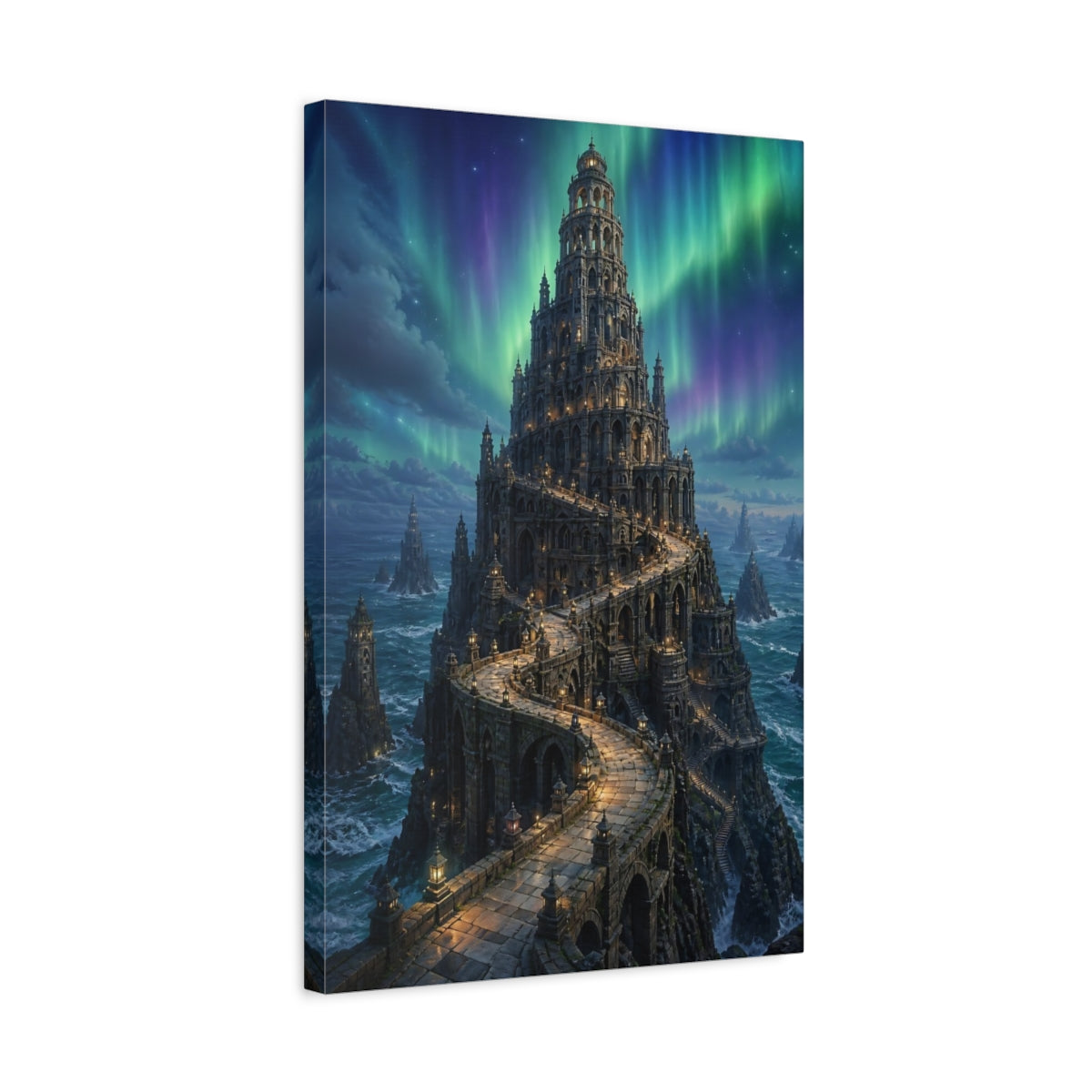 Side Mockup 3. Northern Lights Stone Tower shown as canvas print