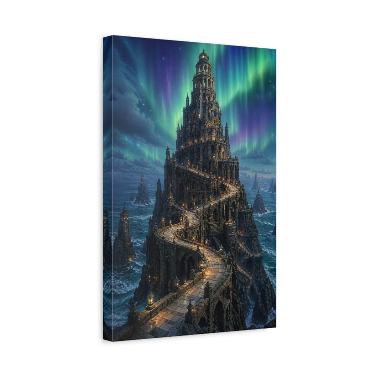 Side Mockup 4. Northern Lights Stone Tower shown as canvas print